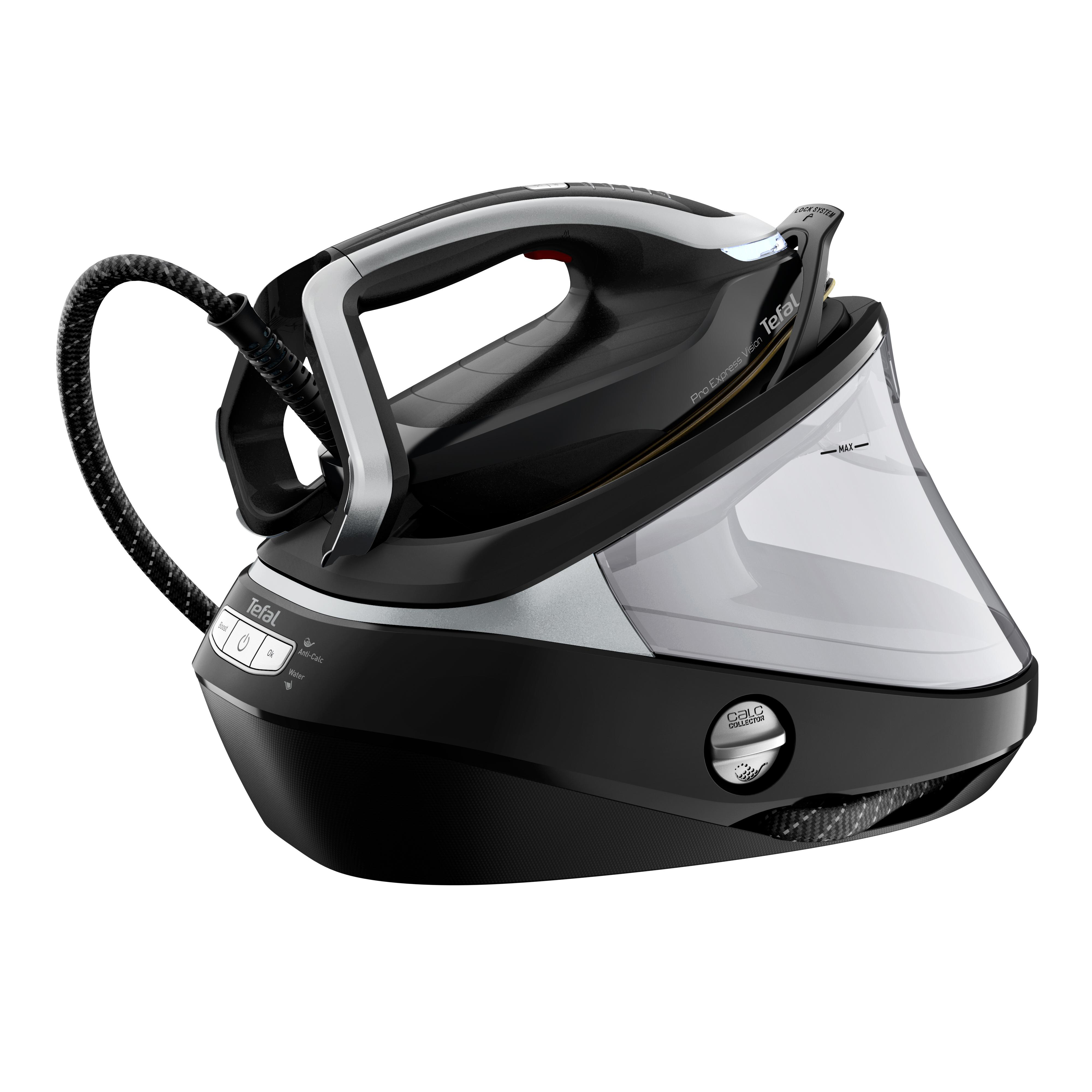 Ein Tefal Pro Express Ultimate Bügeleisen mit schwarz-weißem Design und einem Wassertankfuß.