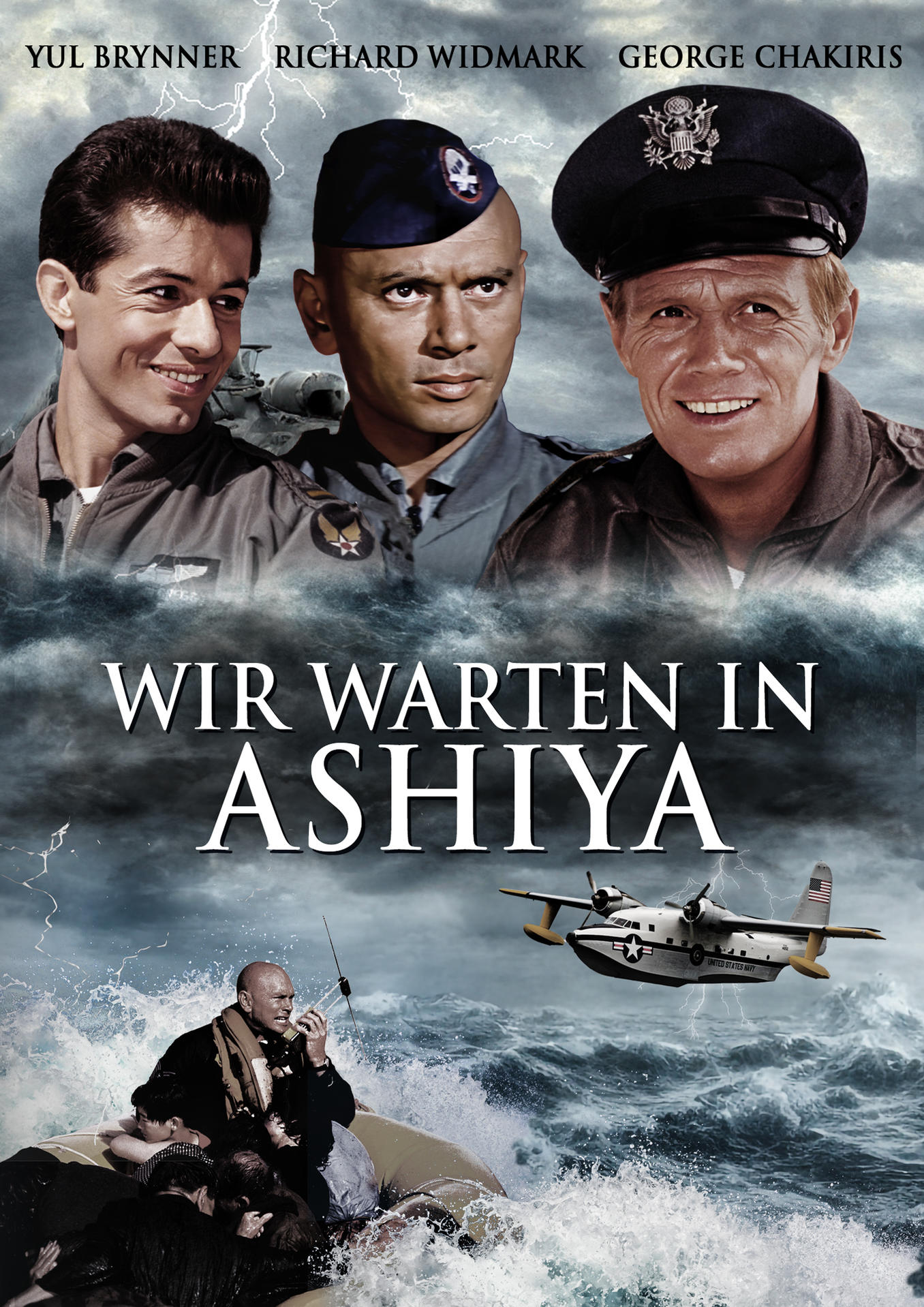Filmposter. Drei Männer in Militäruniformen. Ein Flugzeug und ein Boot auf stürmischer See.