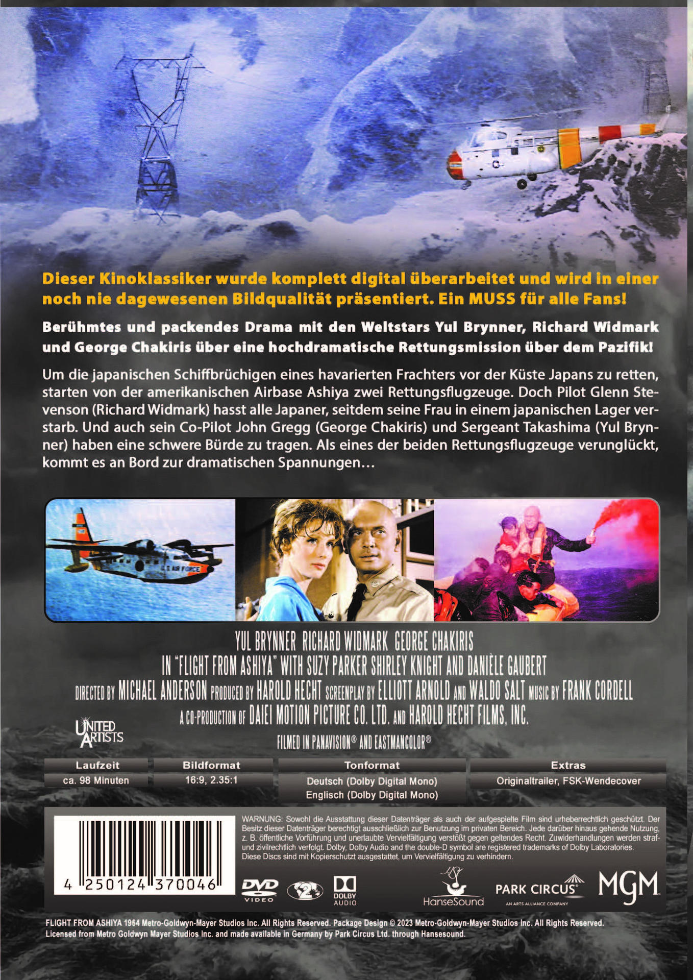 DVD-Cover: Rückseite einer Filmhülle mit Text und Bildern aus dem Film 'Flight from Ashiya'.