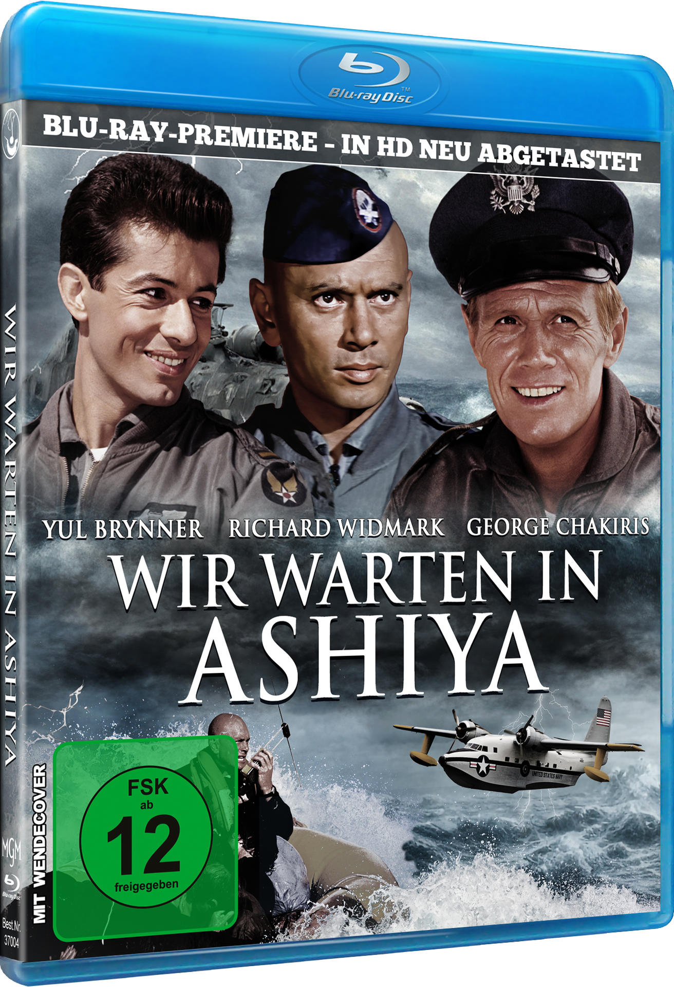 Blu-ray-Cover des Films 'Wir Warten in Ashiya' mit drei Männern in Militäruniform.