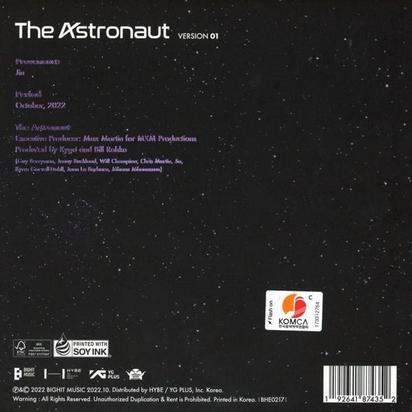 Une pochette de CD avec le texte : The Astronaut - Jin. Imprimé avec de l'encre de soja. HYBE. Symbole KOMCA.
