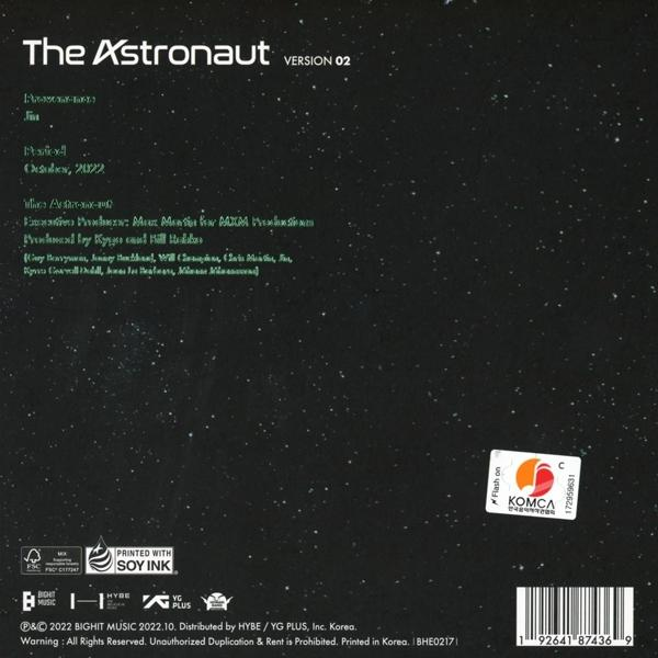 Pochette de CD pour 'The Astronaut' de Jin. Texte, logos et un code-barres sur fond blanc. Texte noir.