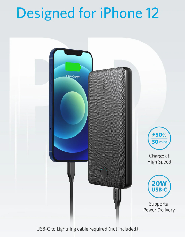 Schwarze Powerbank lädt ein blaues iPhone. Text sagt Laden in 30 Minuten und unterstützt Power Delivery.