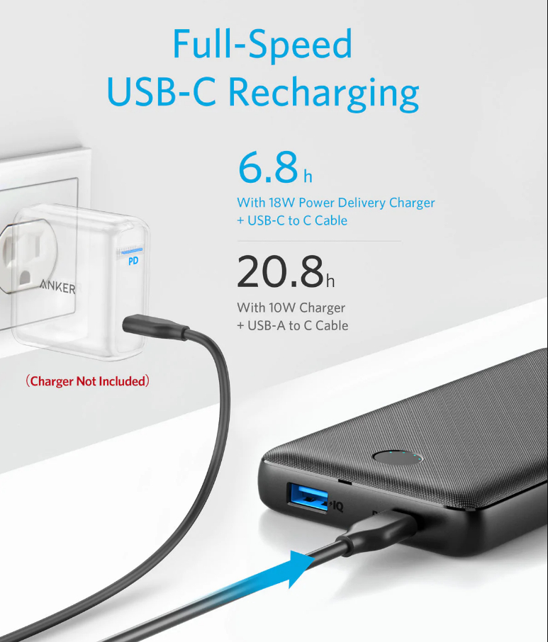 Anker Ladegerät und Kabel-Setup, das die Ladegeschwindigkeit und -zeit mit verschiedenen Ladegeräten zeigt.