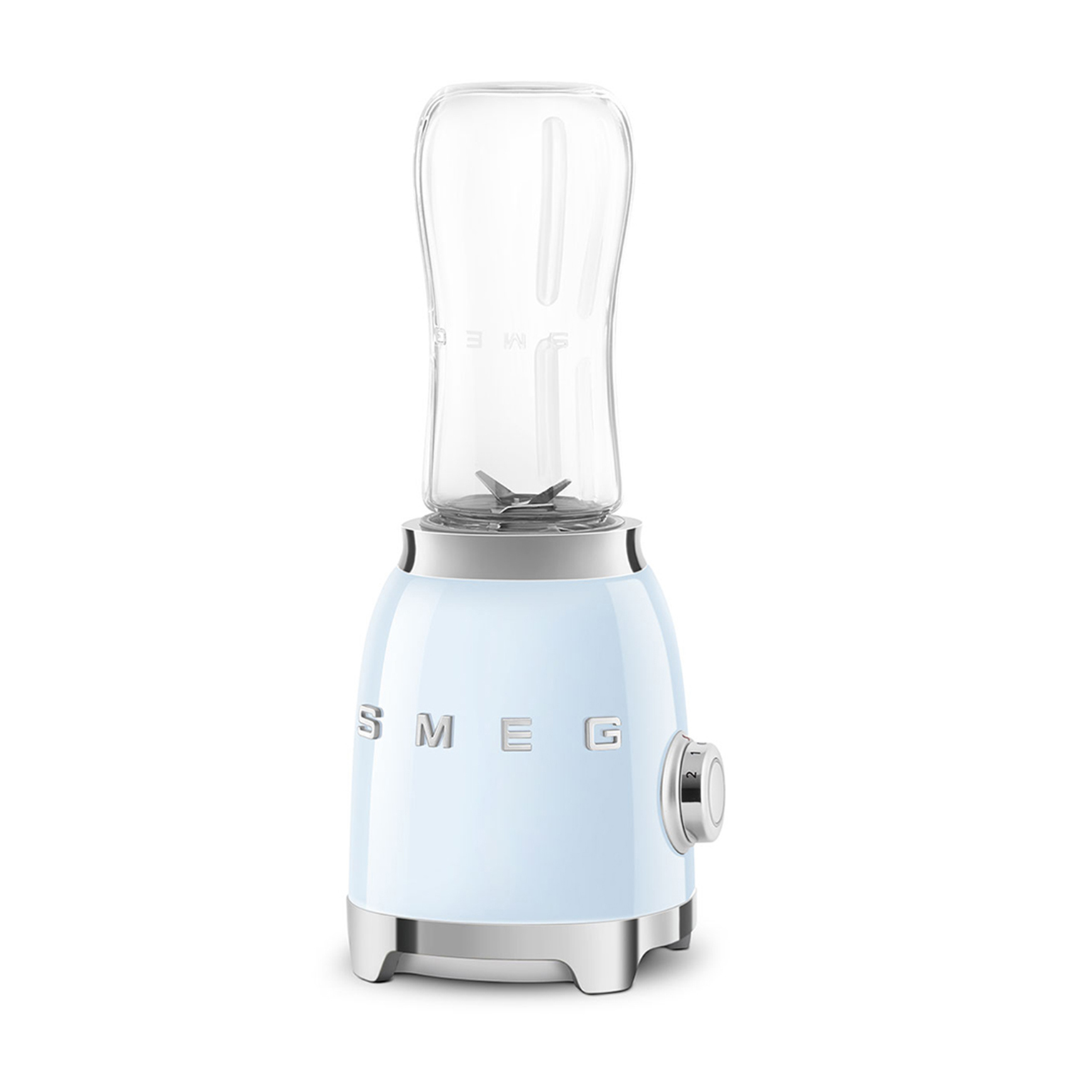 Frullatore SMEG blu, barattolo di vetro sopra.