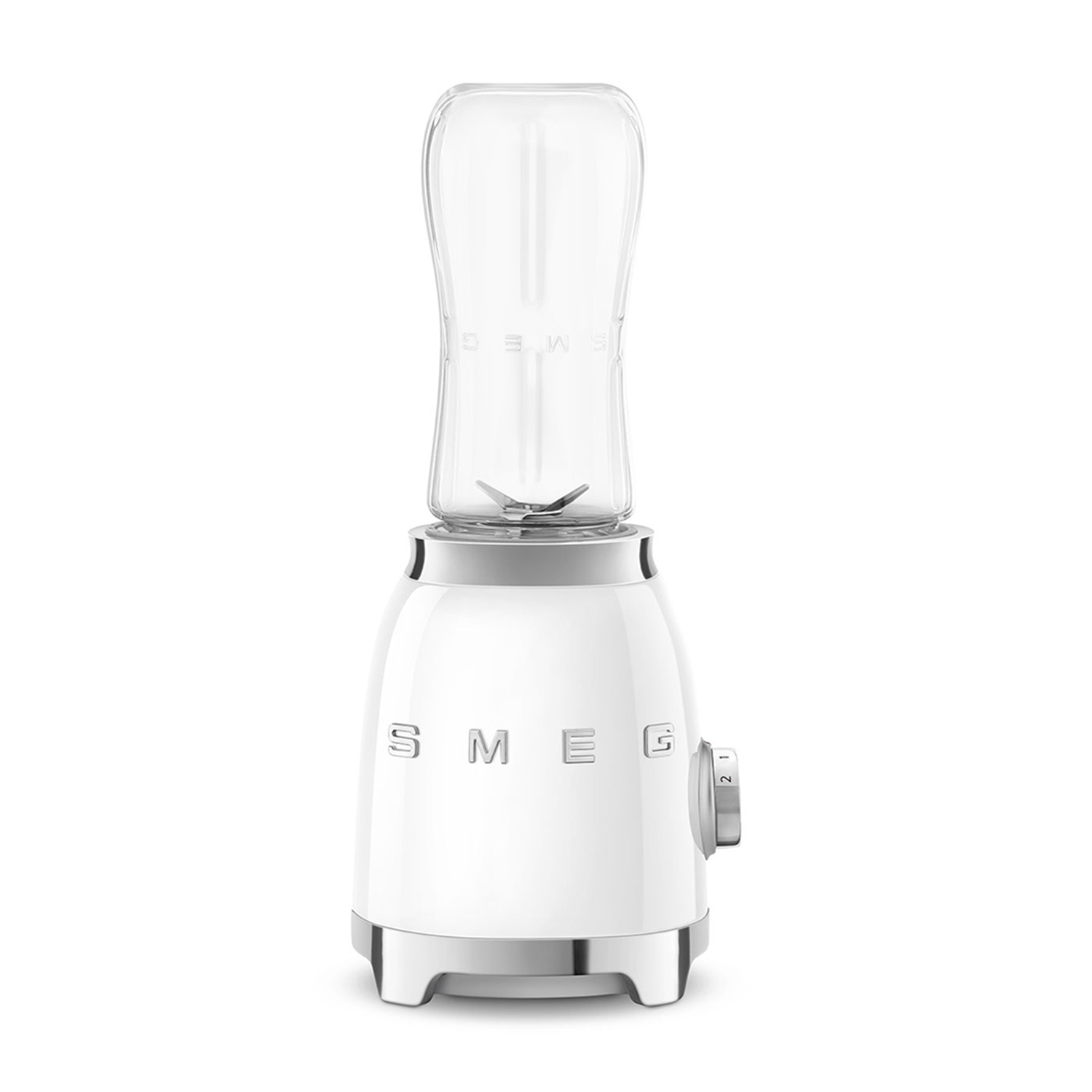Un frullatore SMEG bianco con un bicchiere frullatore trasparente e staccabile, isolato su sfondo bianco.