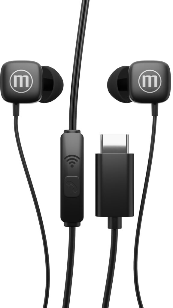 Fekete fülhallgató mikrofonnal és USB-C csatlakozóval.