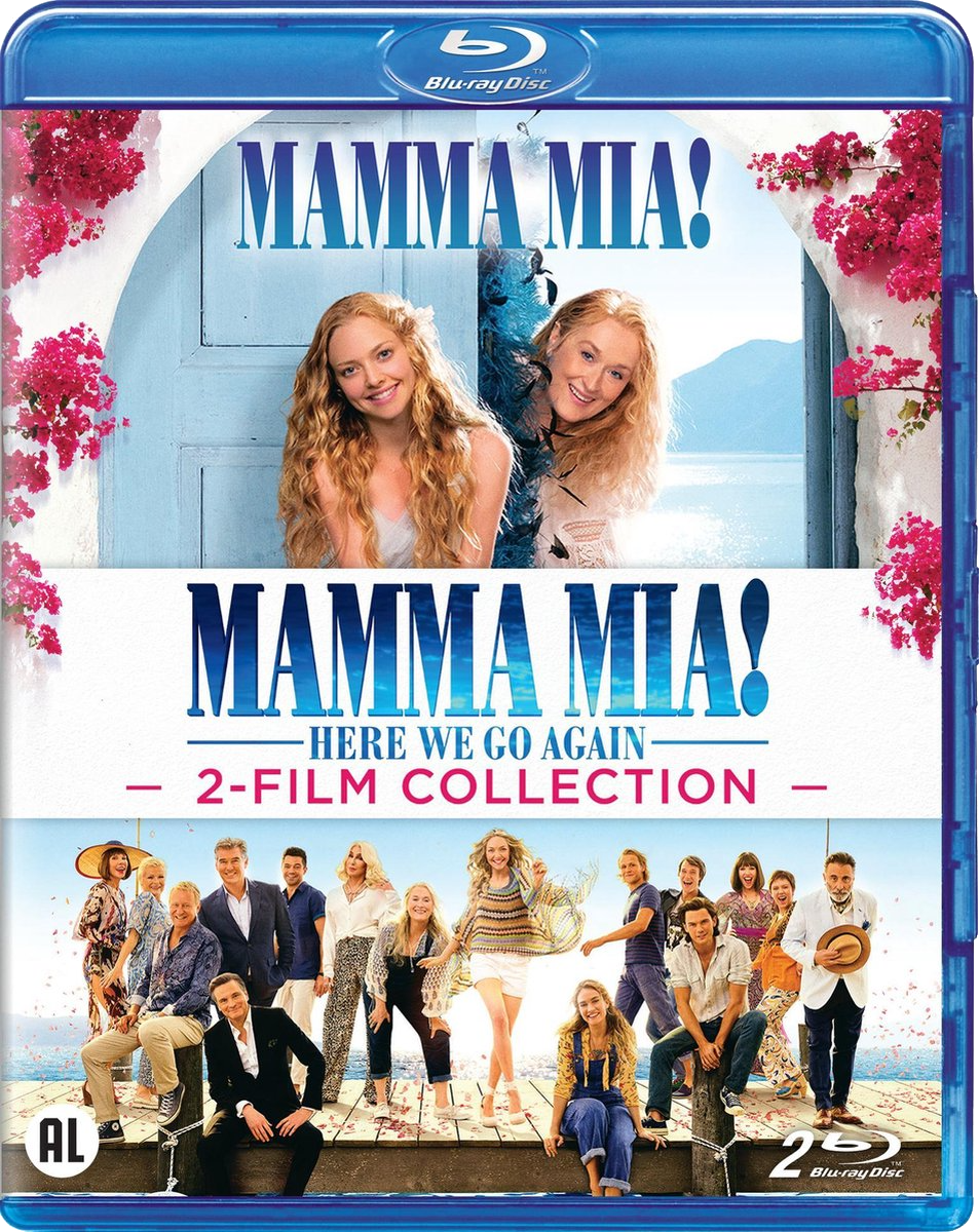 Couverture de film. Deux photos. Une avec des femmes, l'autre avec des acteurs. Titre : Mamma Mia !