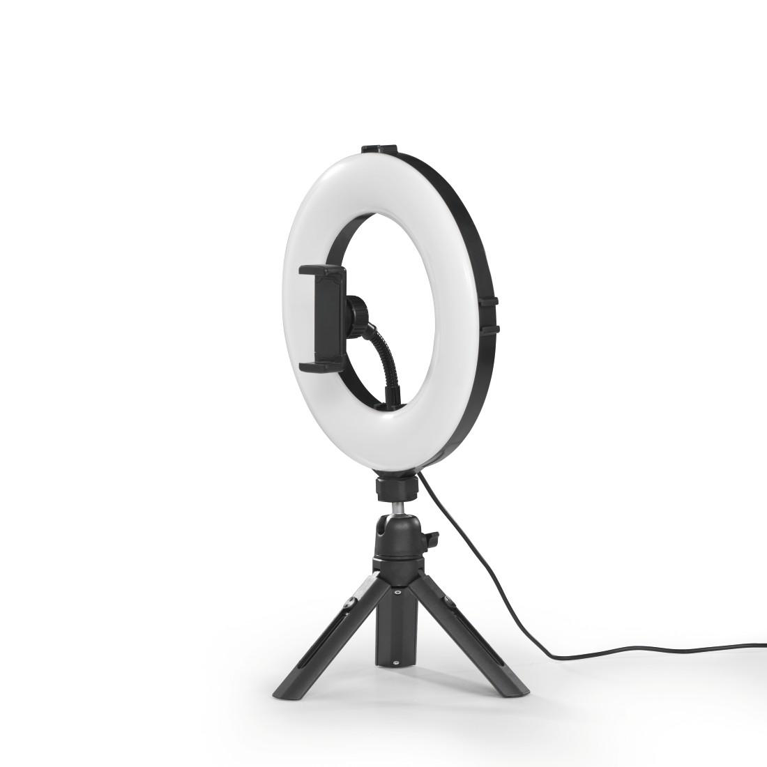 Ein Ringlicht auf einem Stativ, mit einer Telefonhalterung.