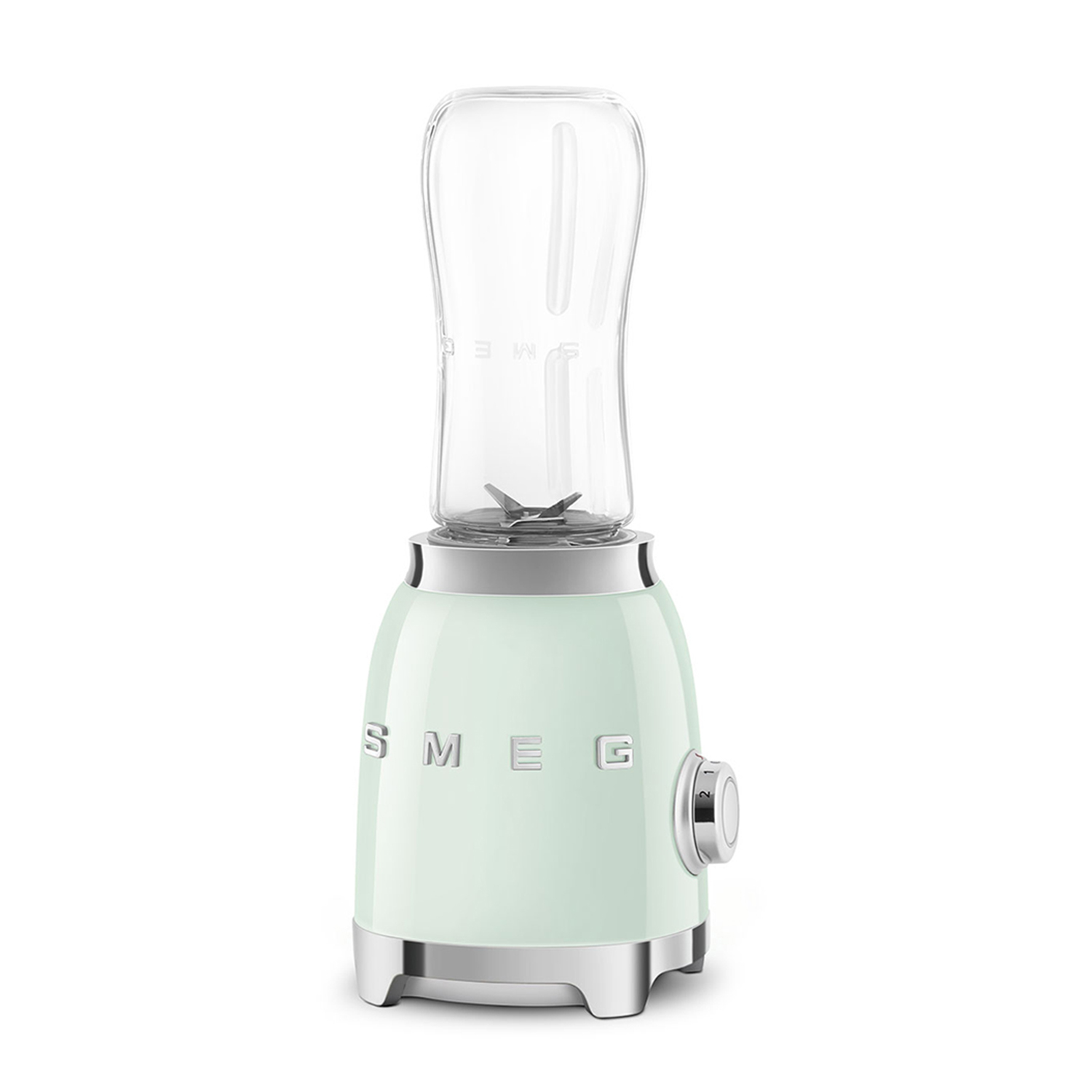 Frullatore verde menta con caraffa trasparente, dettagli cromati e marchio SMEG.