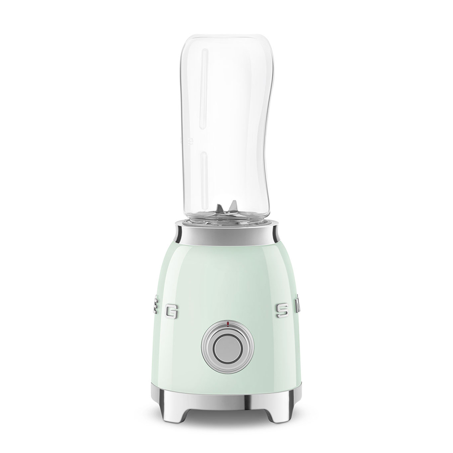 Frullatore Smeg verde menta con un boccale trasparente e allungato, isolato su sfondo bianco.