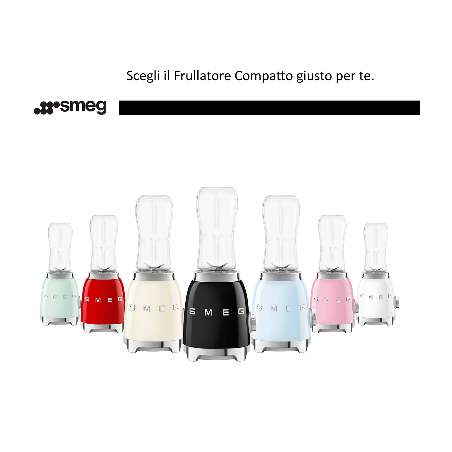 Sette frullatori colorati in fila, con il logo Smeg in alto a sinistra.