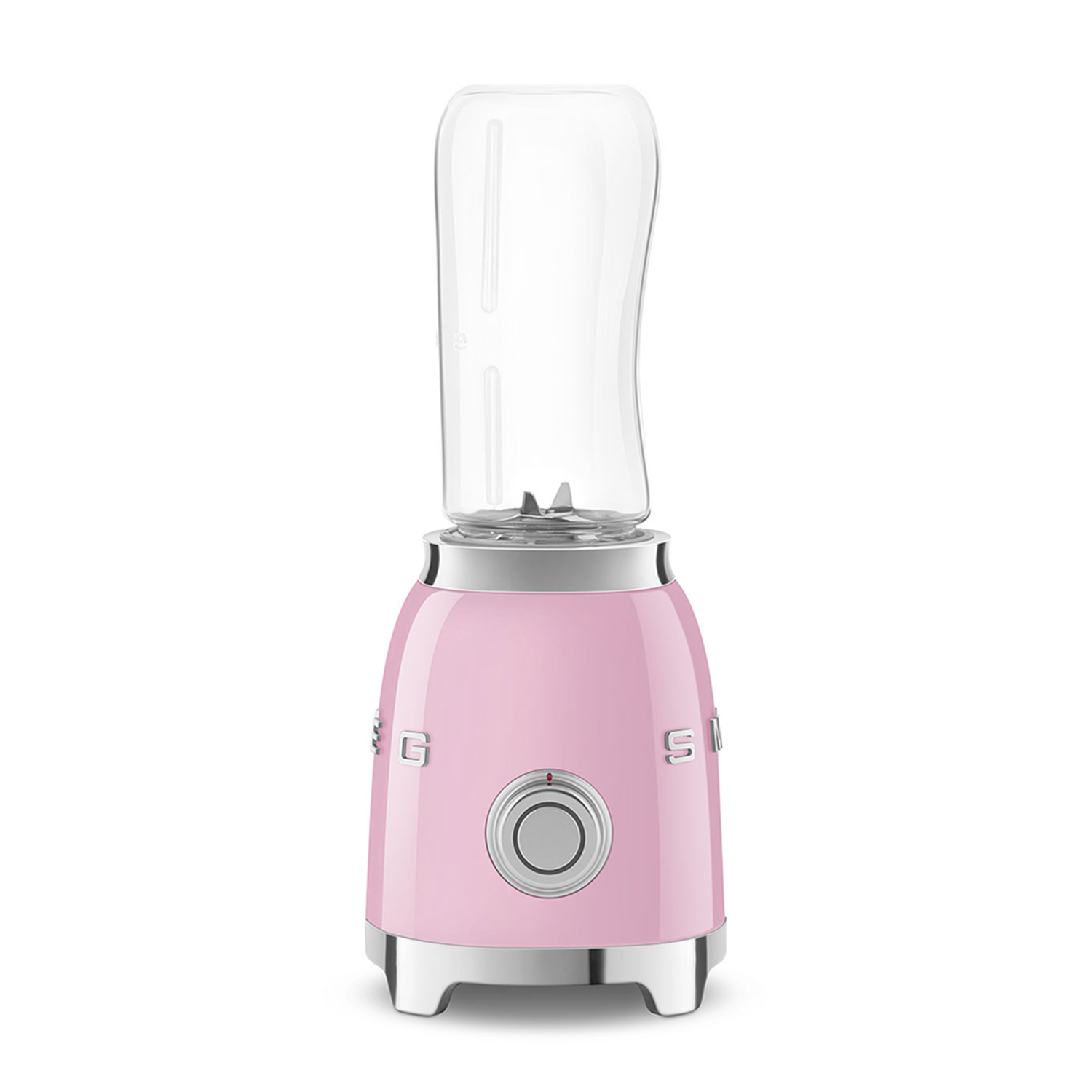 Frullatore rosa con una tazza trasparente sopra. Un pulsante argentato è sulla base rosa, con una base argentata.