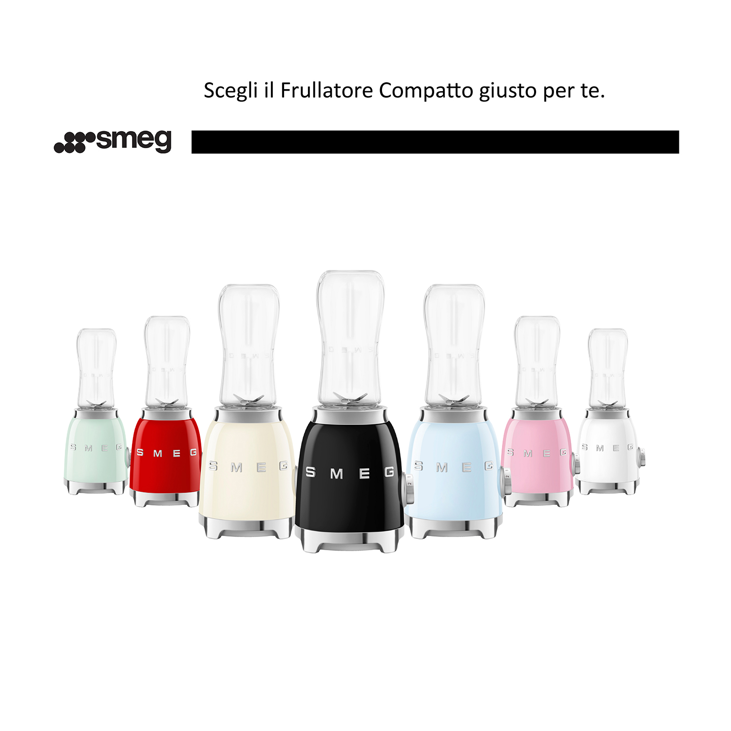Frullatori Smeg in vari colori, allineati.