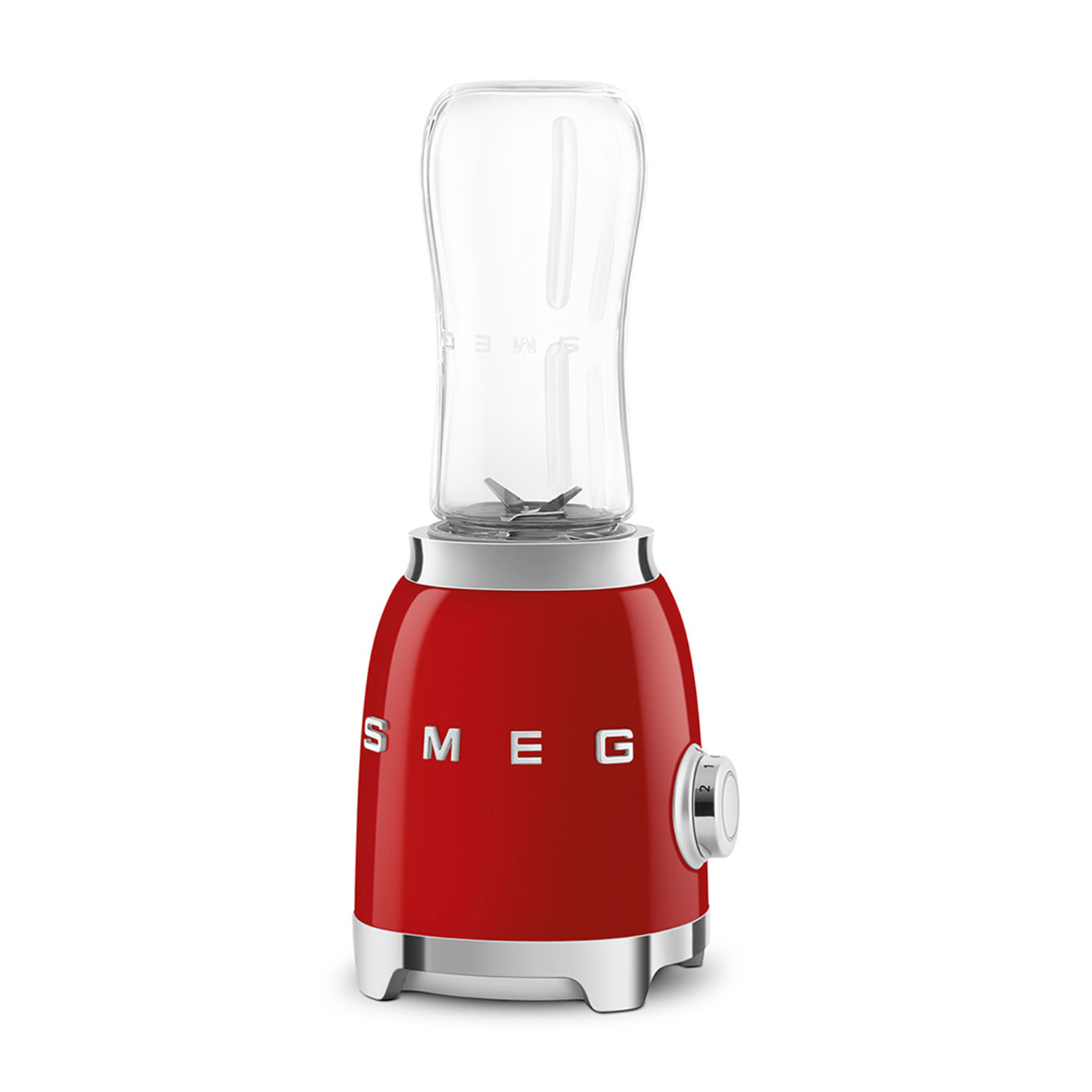 Frullatore Smeg rosso con caraffa in vetro su sfondo bianco. È un piccolo elettrodomestico.