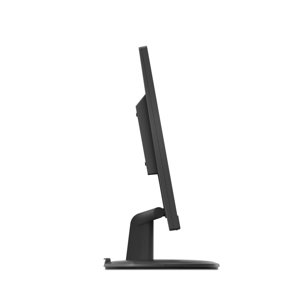 Monitor de computadora negro de perfil. La base está adjunta y la pantalla está en ángulo.