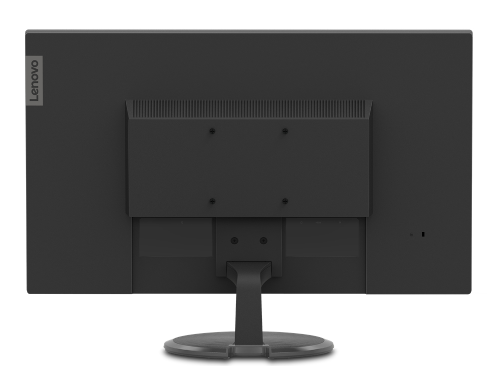 Parte trasera de un monitor Lenovo negro. Hay un soporte y una placa de montaje.