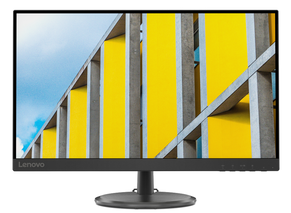 Un monitor Lenovo mostrando un edificio con columnas amarillas y grises.