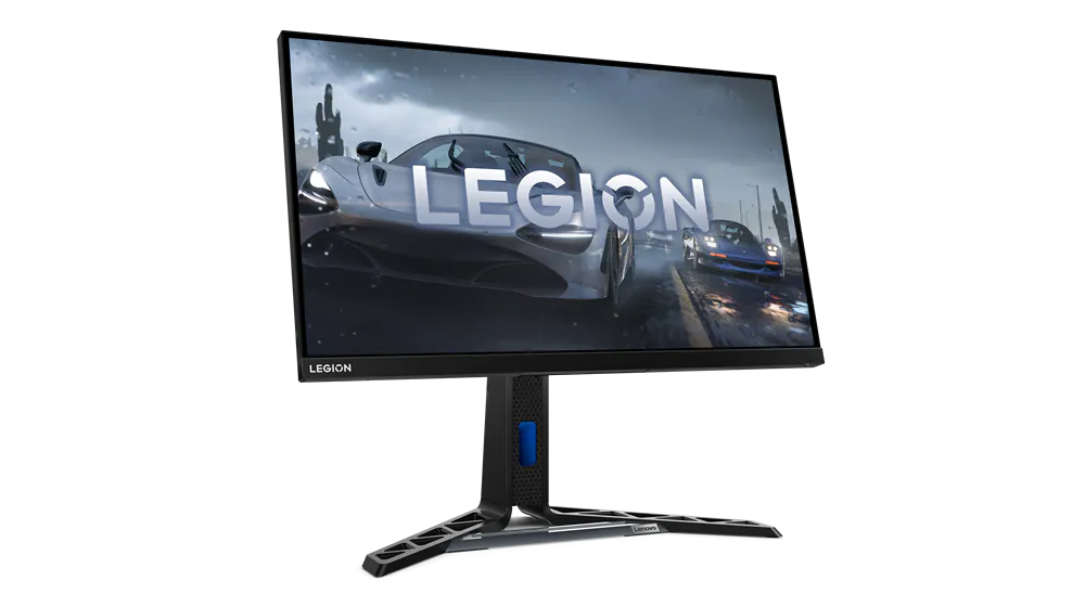 Monitor gaming Legion mostrando un juego de carreras de coches. Marco y soporte negros. Logotipo Legion en la parte inferior.