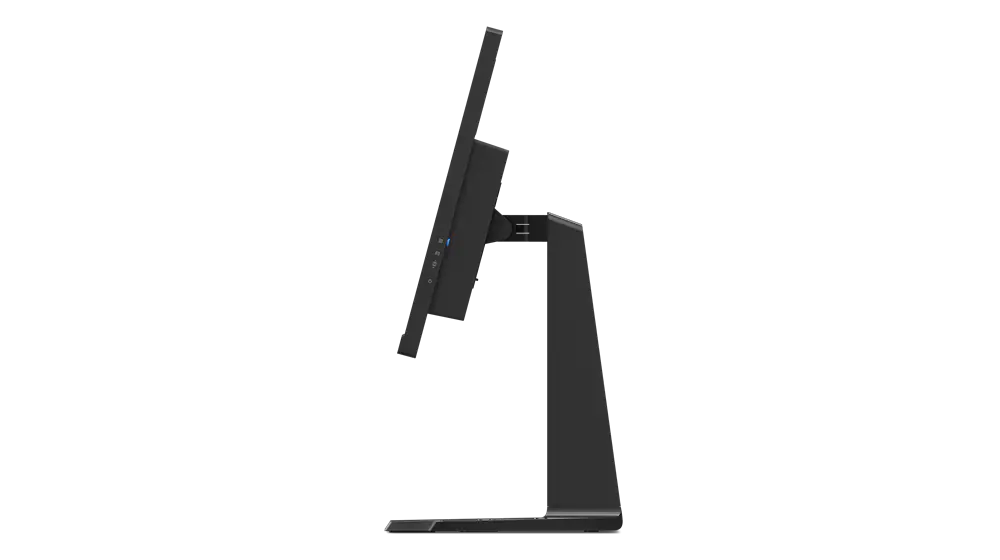 Un monitor de computadora negro, vista lateral, con soporte sobre un fondo negro.