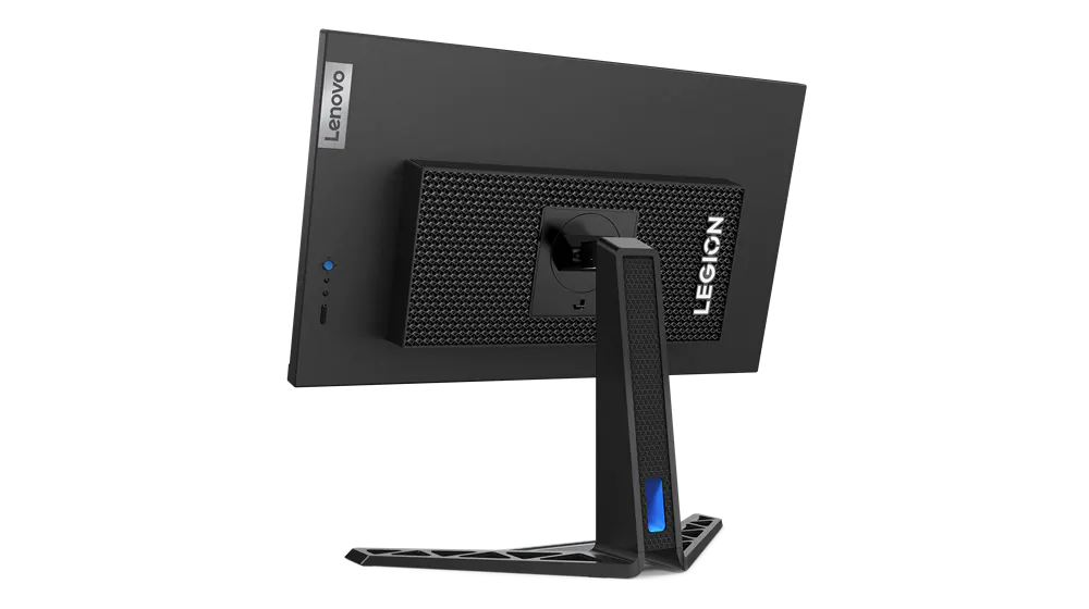 Vista trasera de un monitor Lenovo Legion, negro con soporte y el logotipo Legion en el lateral.