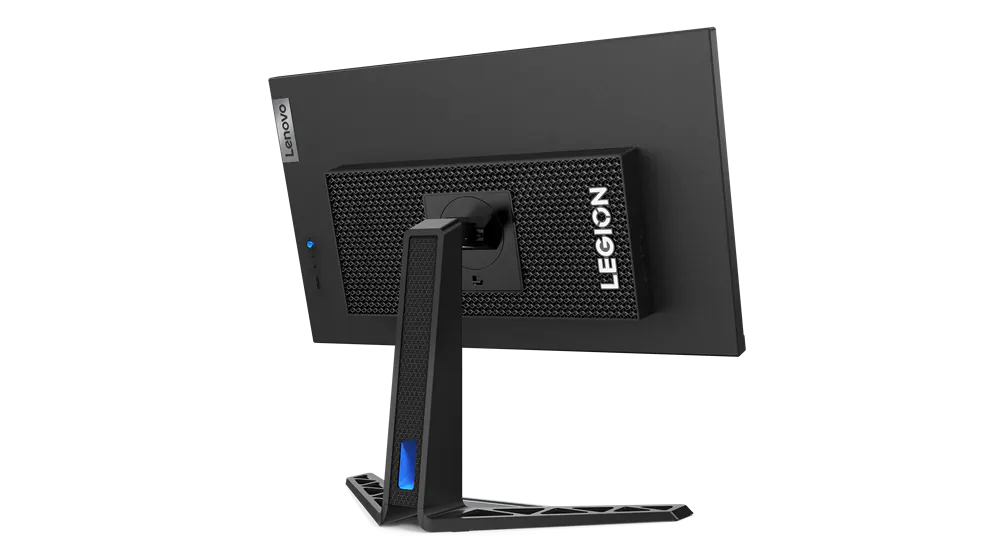 Parte trasera de un monitor Lenovo Legion negro con soporte.