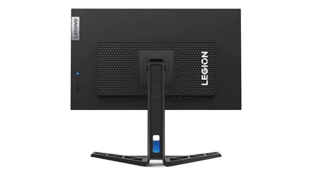 Vista trasera de un monitor de computadora negro con la palabra LEGION en la parte trasera.