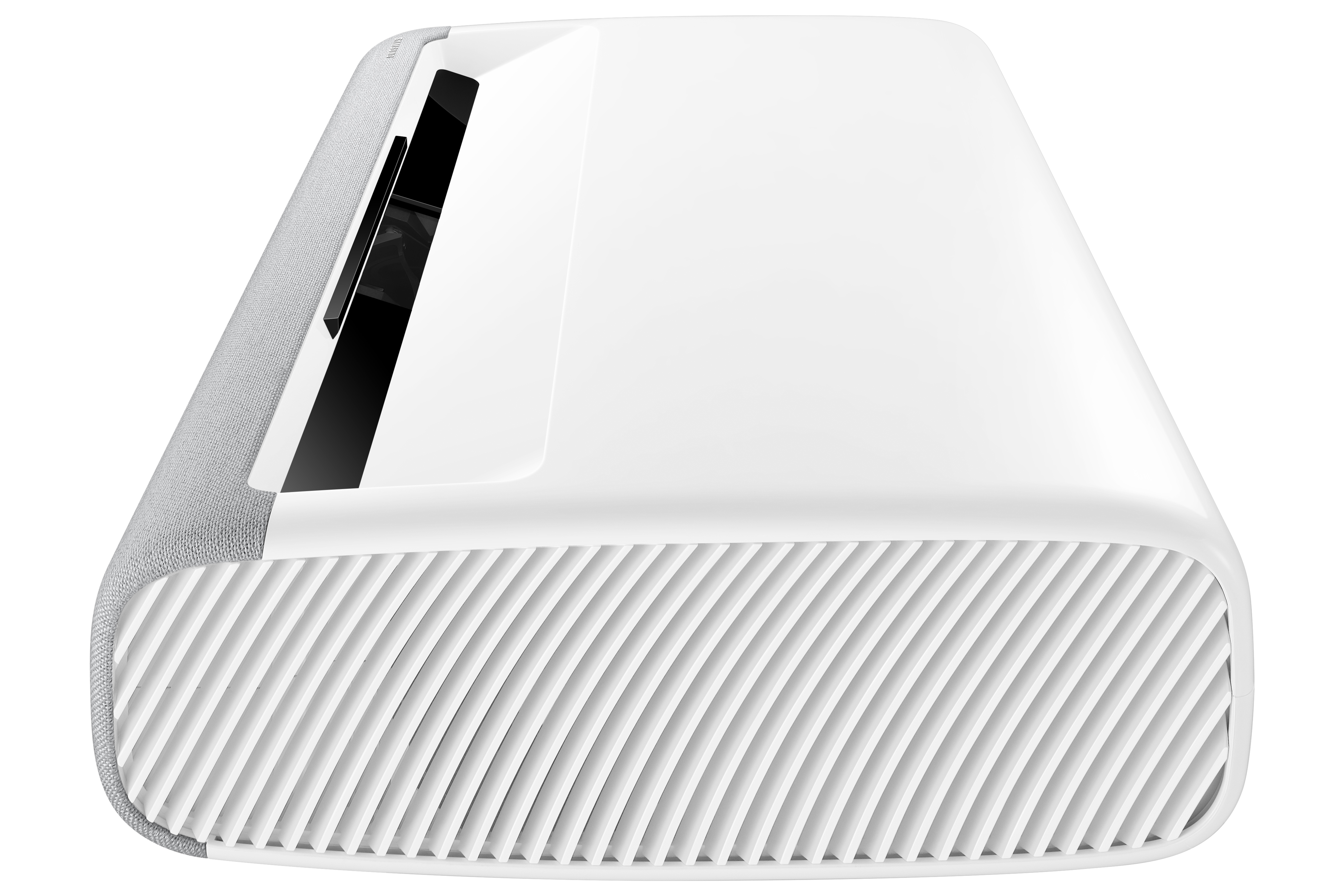 Proyector blanco y elegante con tela gris en el lateral, angulado sobre fondo blanco.