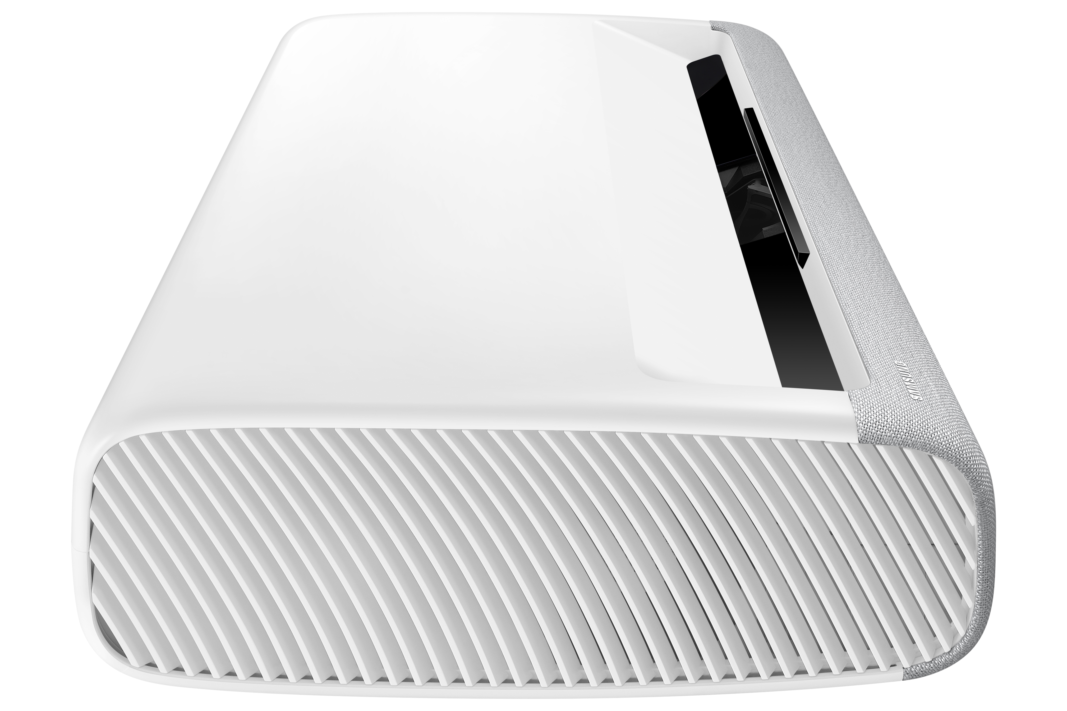 Proyector blanco con un diseño acanalado.