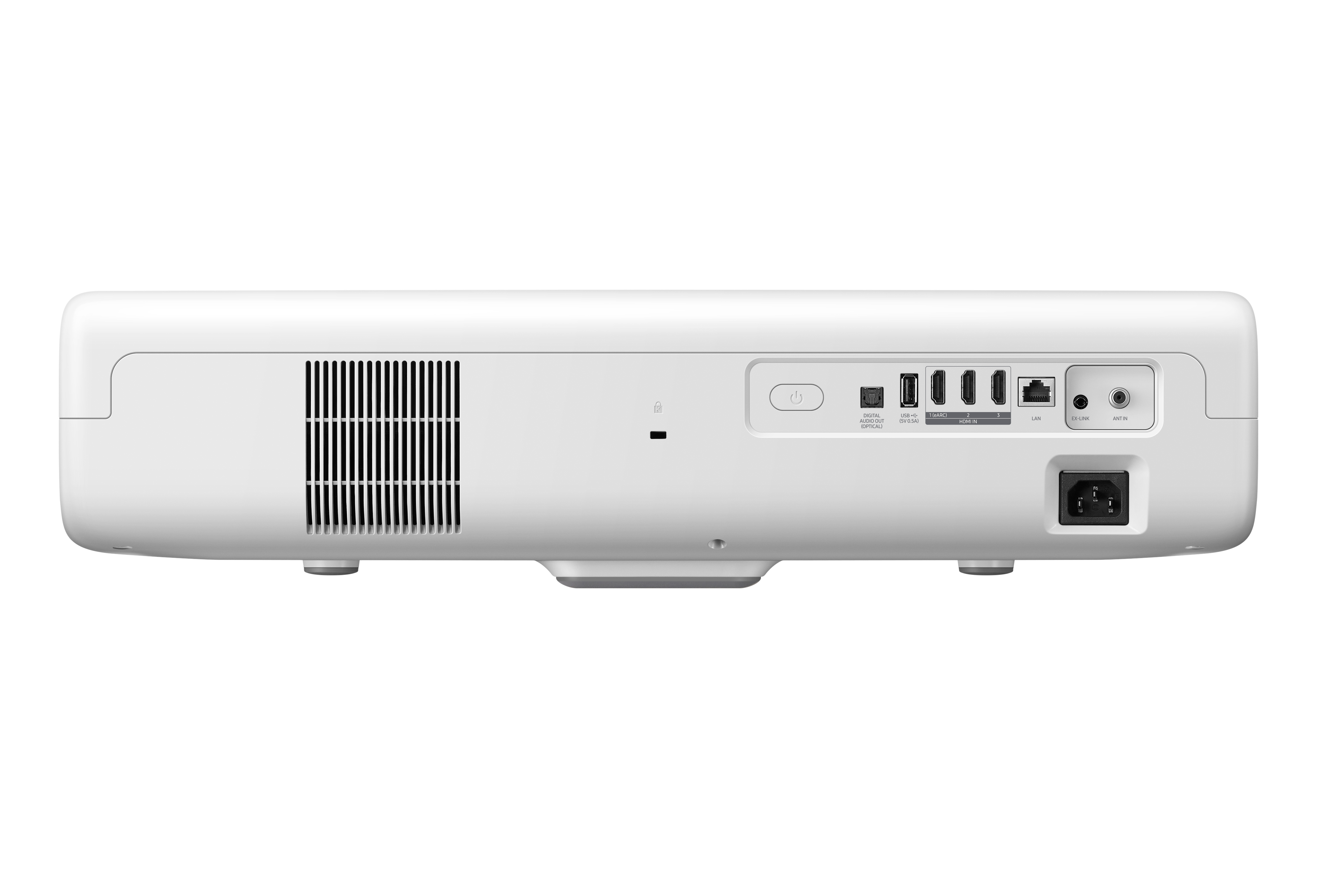 La parte trasera de un proyector blanco con puertos, conectores y una entrada de alimentación. Sobre un fondo blanco.