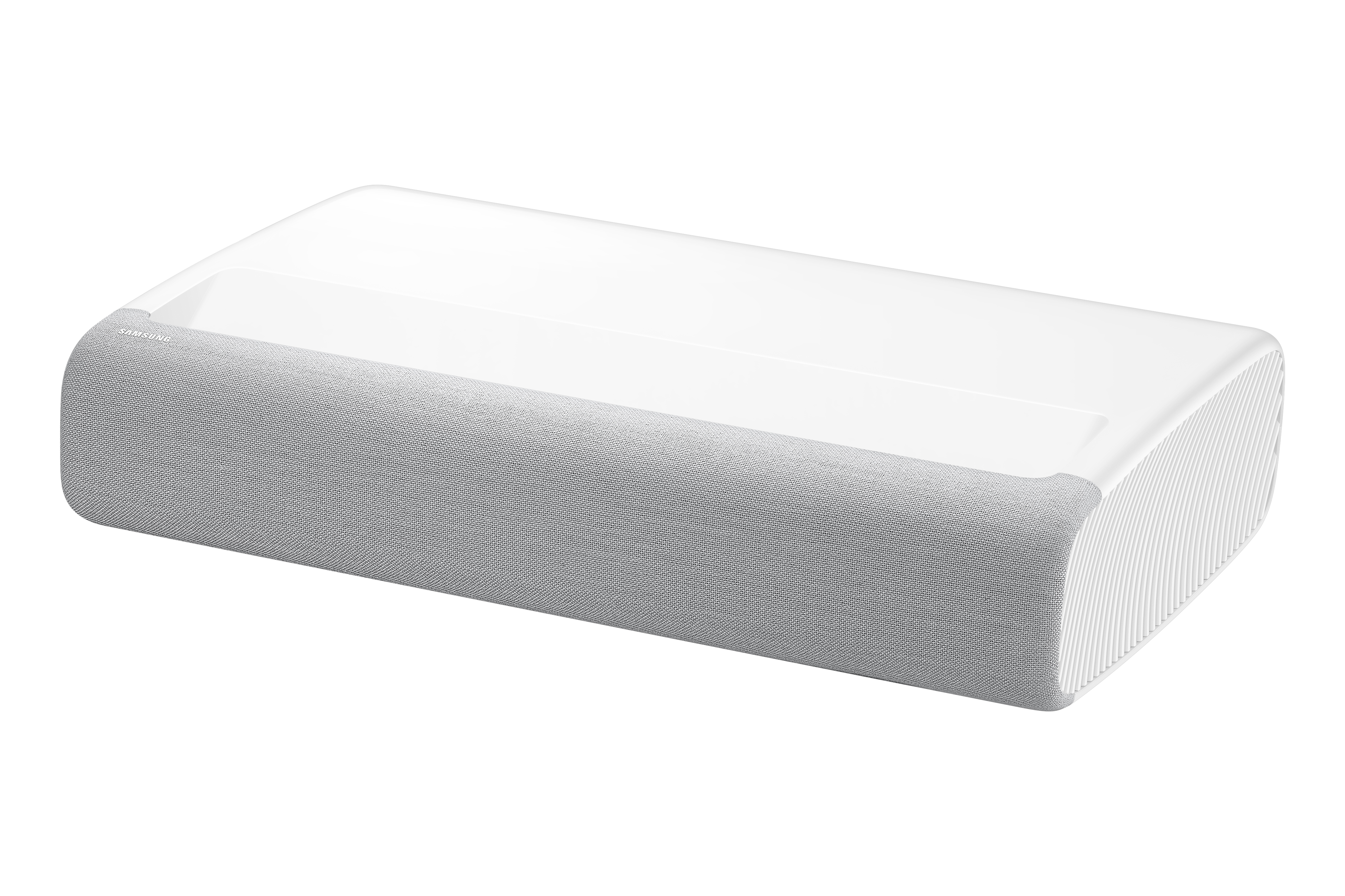 Proyector blanco y rectangular con una malla de altavoz gris en la parte delantera.