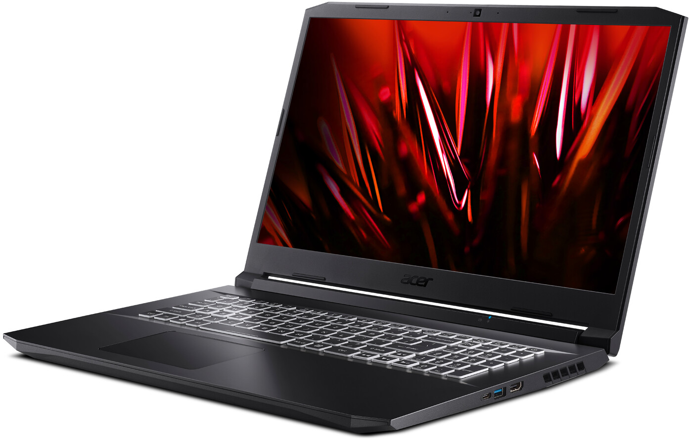 Ein schwarzer Acer Laptop mit beleuchteter Tastatur und rotem Hintergrundbild auf weißem Grund.