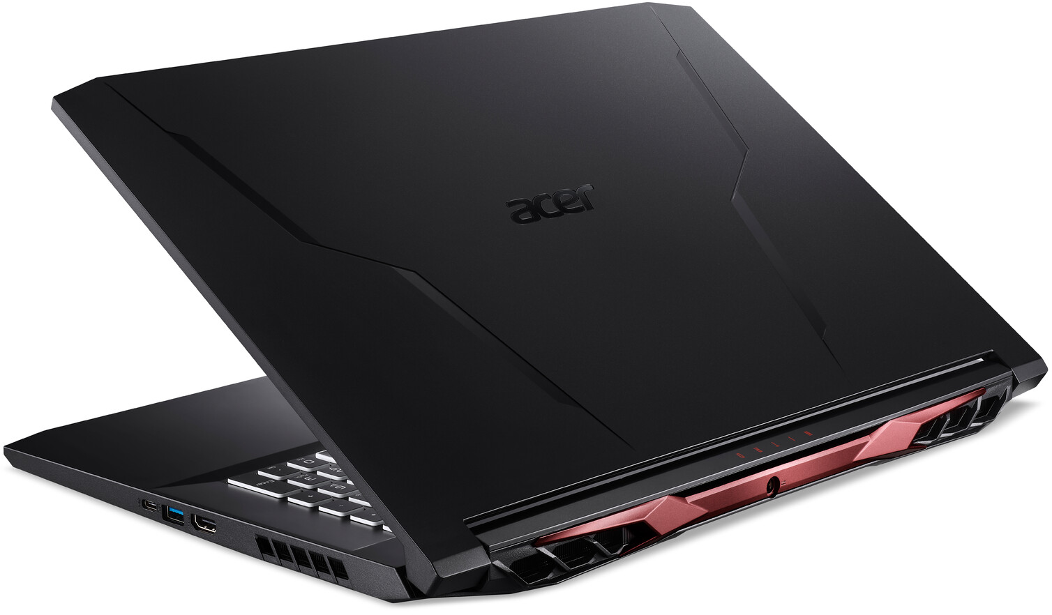 Ein geschlossener schwarzer Acer-Laptop mit roten Akzenten an den Scharnieren auf weißem Hintergrund.