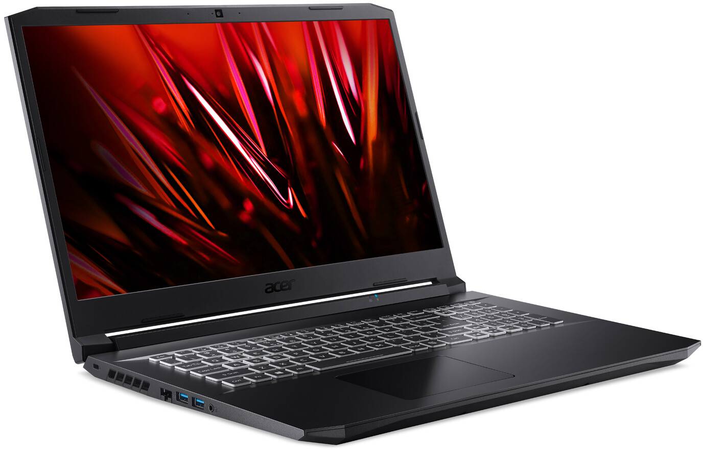 Ein schwarzer Acer-Laptop mit rotem abstrakten Bildschirmhintergrund steht auf weißem Hintergrund.
