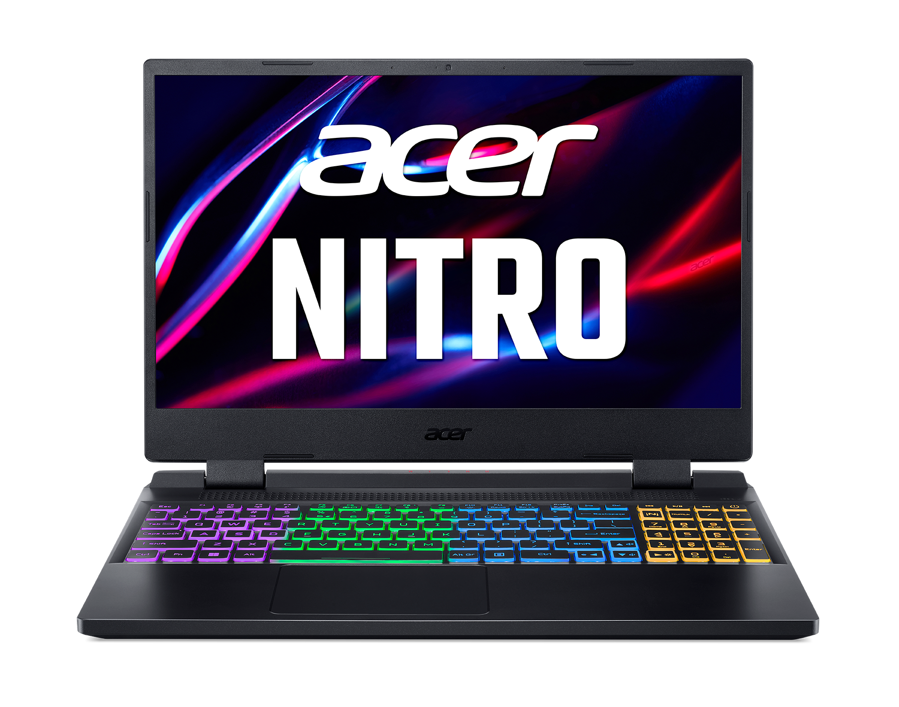 Una laptop Acer Nitro negra, abierta y mirando al espectador, con un teclado colorido y una pantalla brillante.