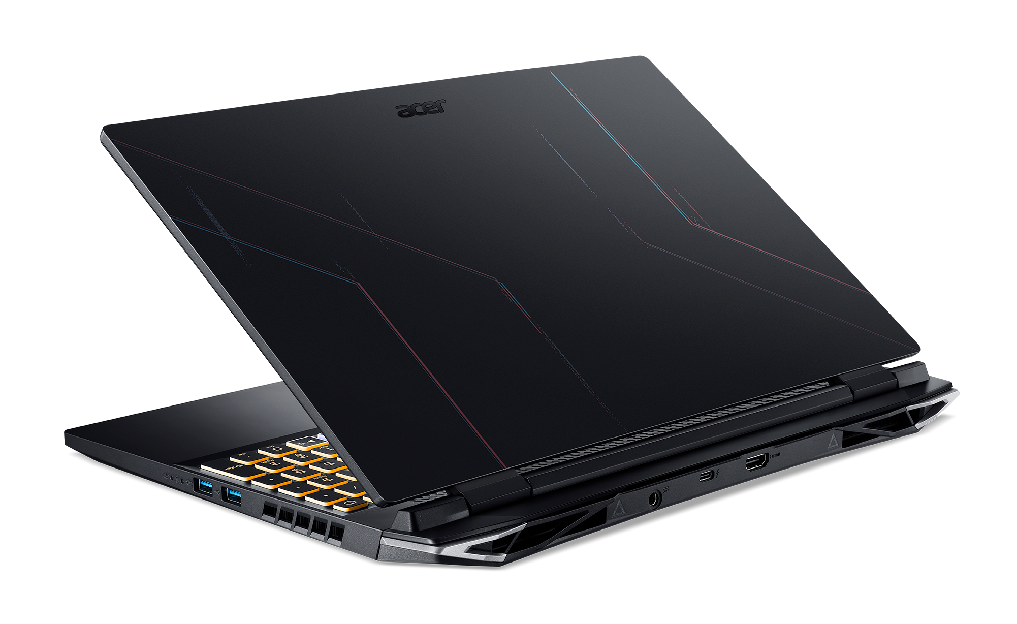 Portátil negro, abierto en ángulo. Logotipo de Acer visible, negro con acentos rojos y azules en la tapa.