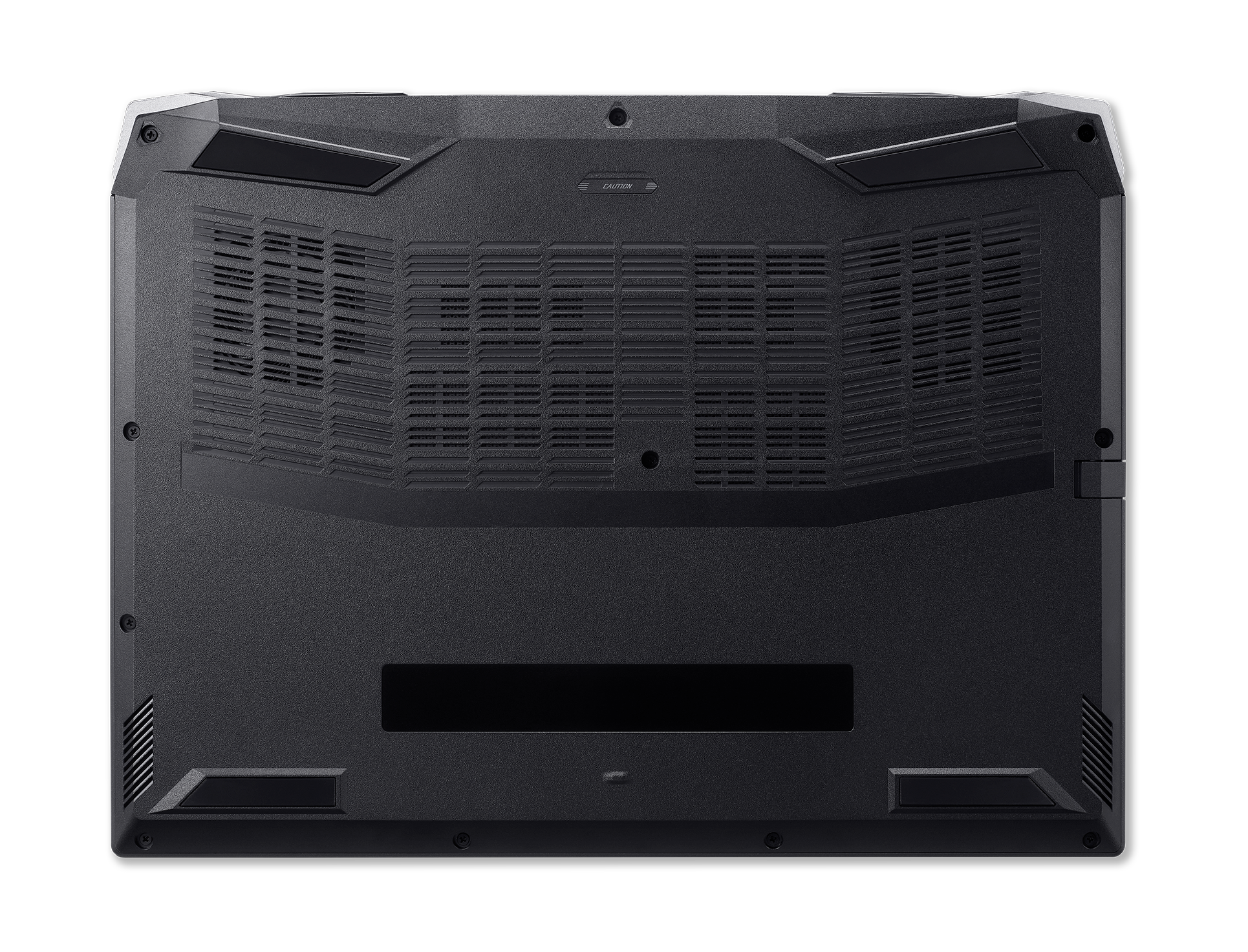 Parte inferior de una computadora portátil negra con detalles de ventilación y tornillos sobre fondo negro.