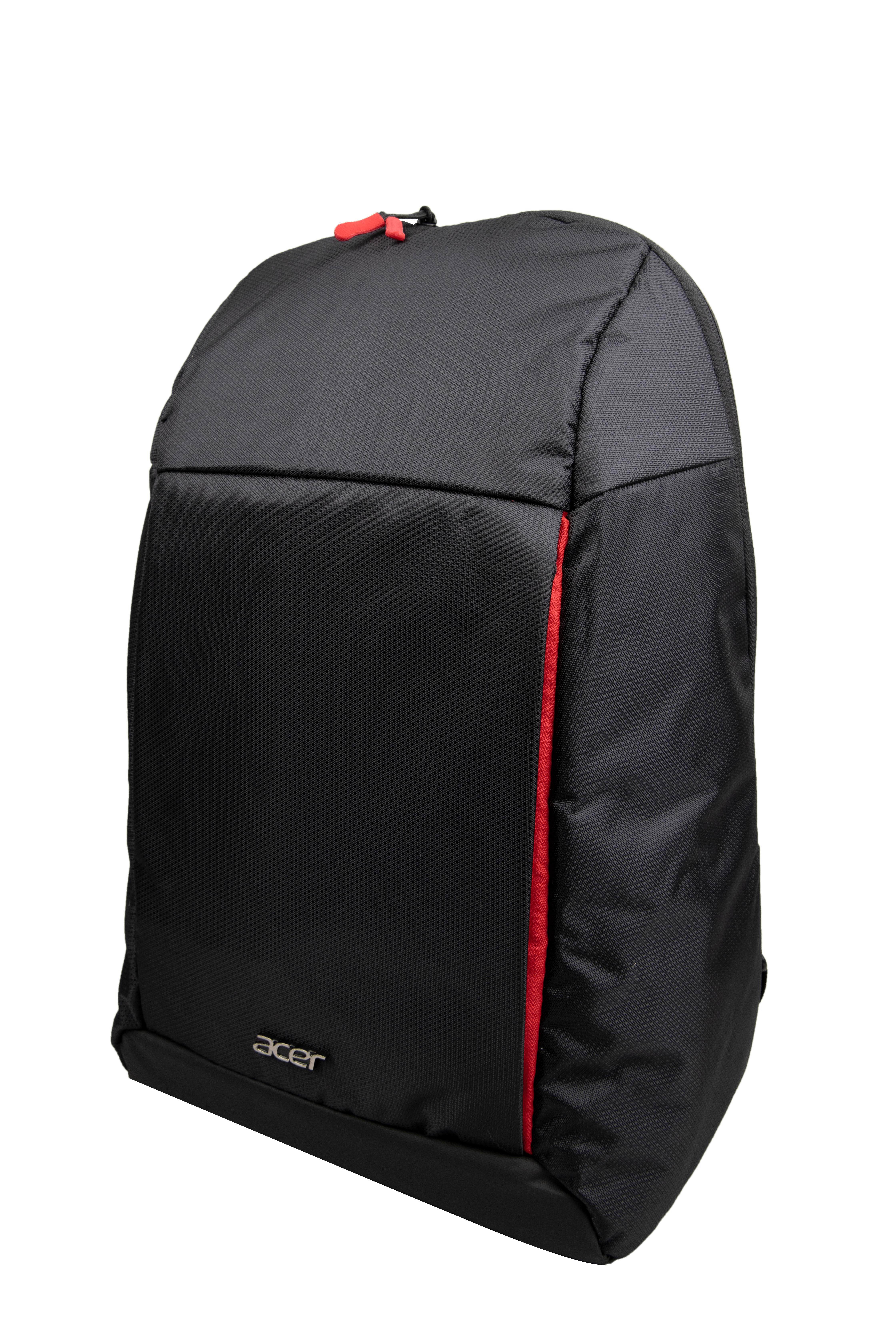 Una mochila Acer negra con un acento rojo sobre un fondo blanco. La bolsa tiene un diseño simple y estilizado.