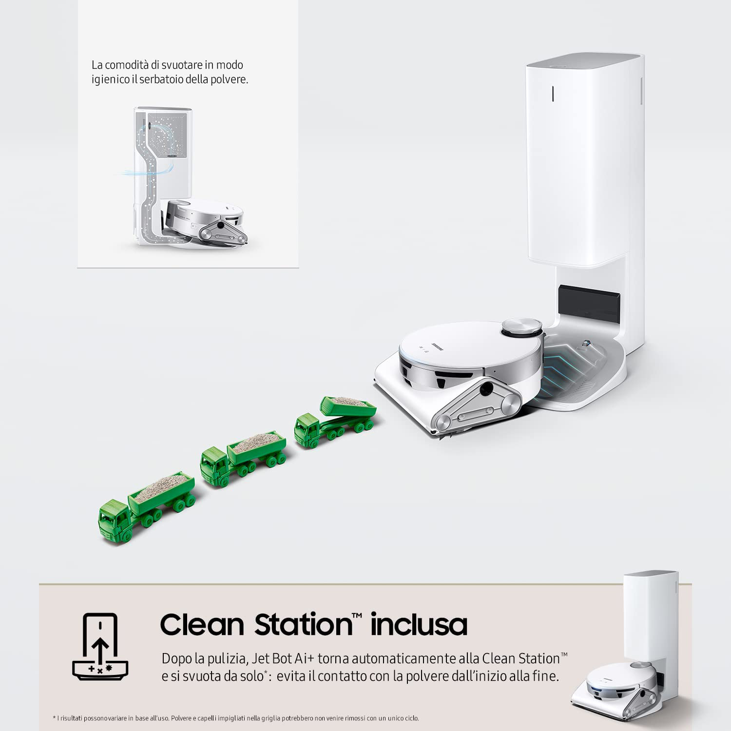 Robot aspirapolvere con una Clean Station. Presenti camion giocattolo verdi.