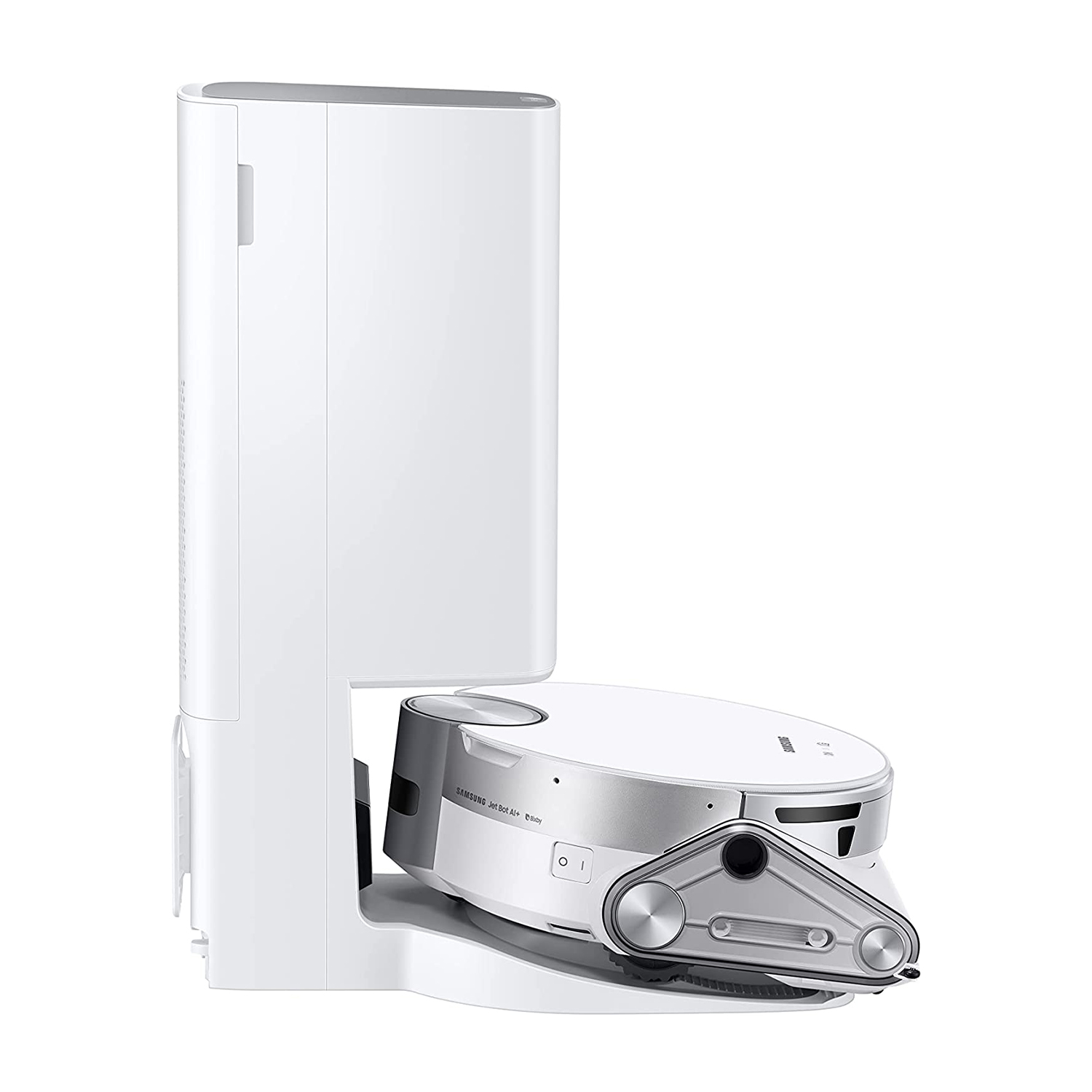 Aspirapolvere robot Samsung Jet Bot AI+ bianco con stazione di ricarica. Sfondo bianco.