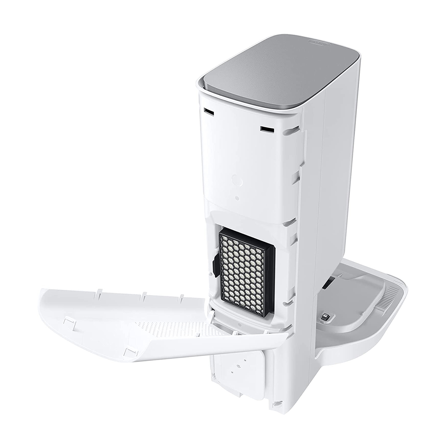 Un aspirapolvere robot bianco con scomparto aperto e filtro visibile.