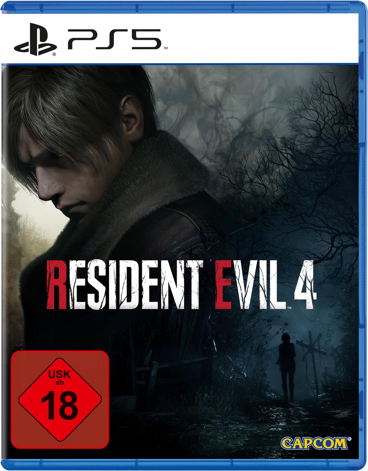 Resident Evil 4-Spielcover. Mann mit Waffe, dunkler Wald mit einer Figur im Hintergrund.