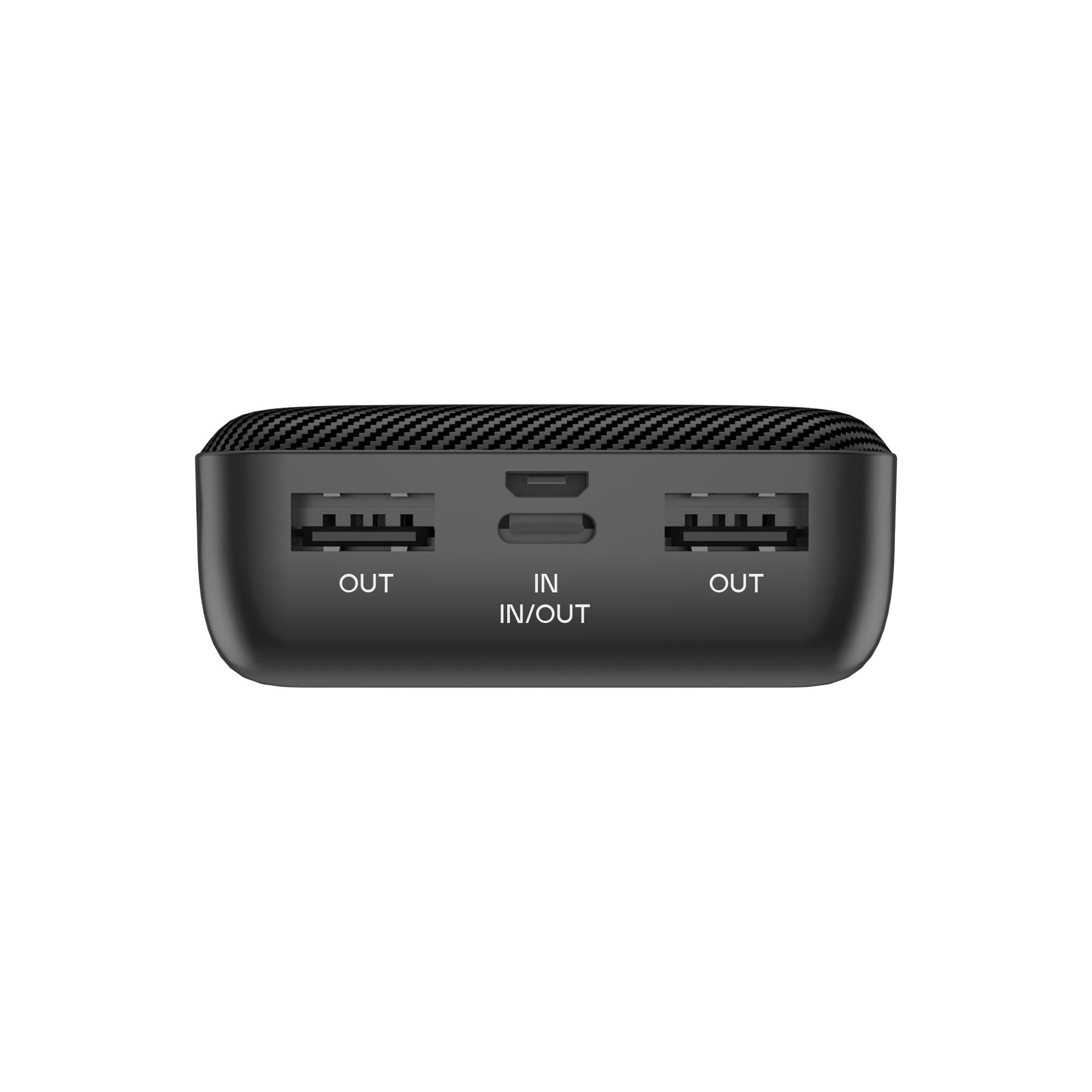 Schwarze Powerbank mit zwei USB-A-Ausgängen, einem Micro-USB-Eingang und strukturierter Oberfläche.