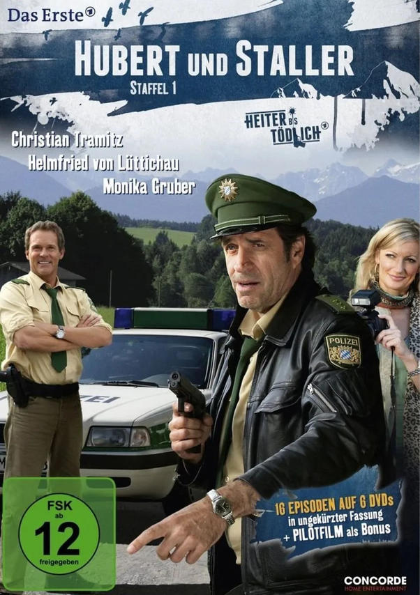 Filmcover: Drei Polizisten in der Nähe eines Polizeiautos. Titel: Hubert und Staller.