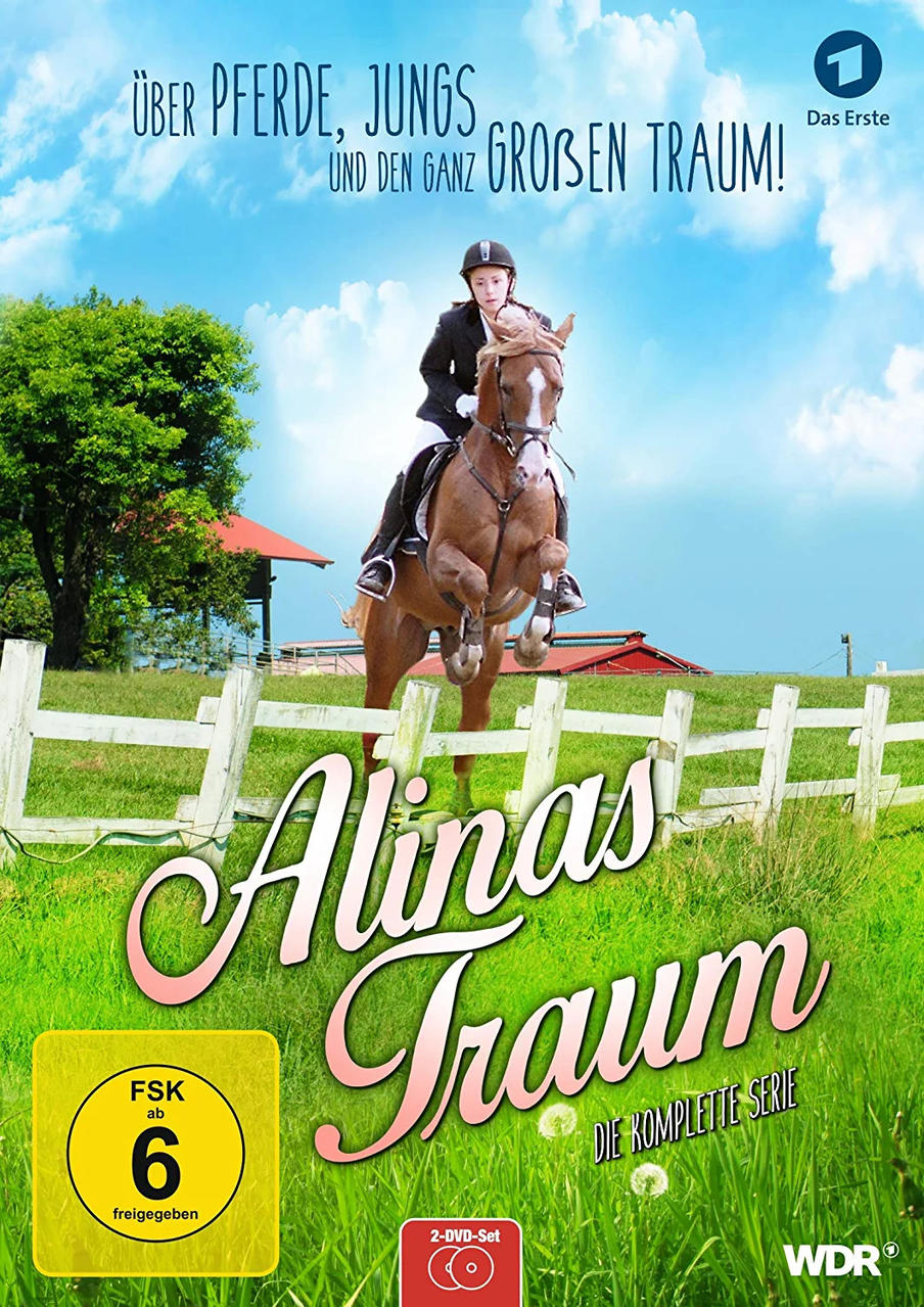 DVD-Cover mit Mädchen auf Pferd, das über Zaun springt. Titel: 'Alinas Traum'. Hintergrund: grünes Feld, blauer Himmel.