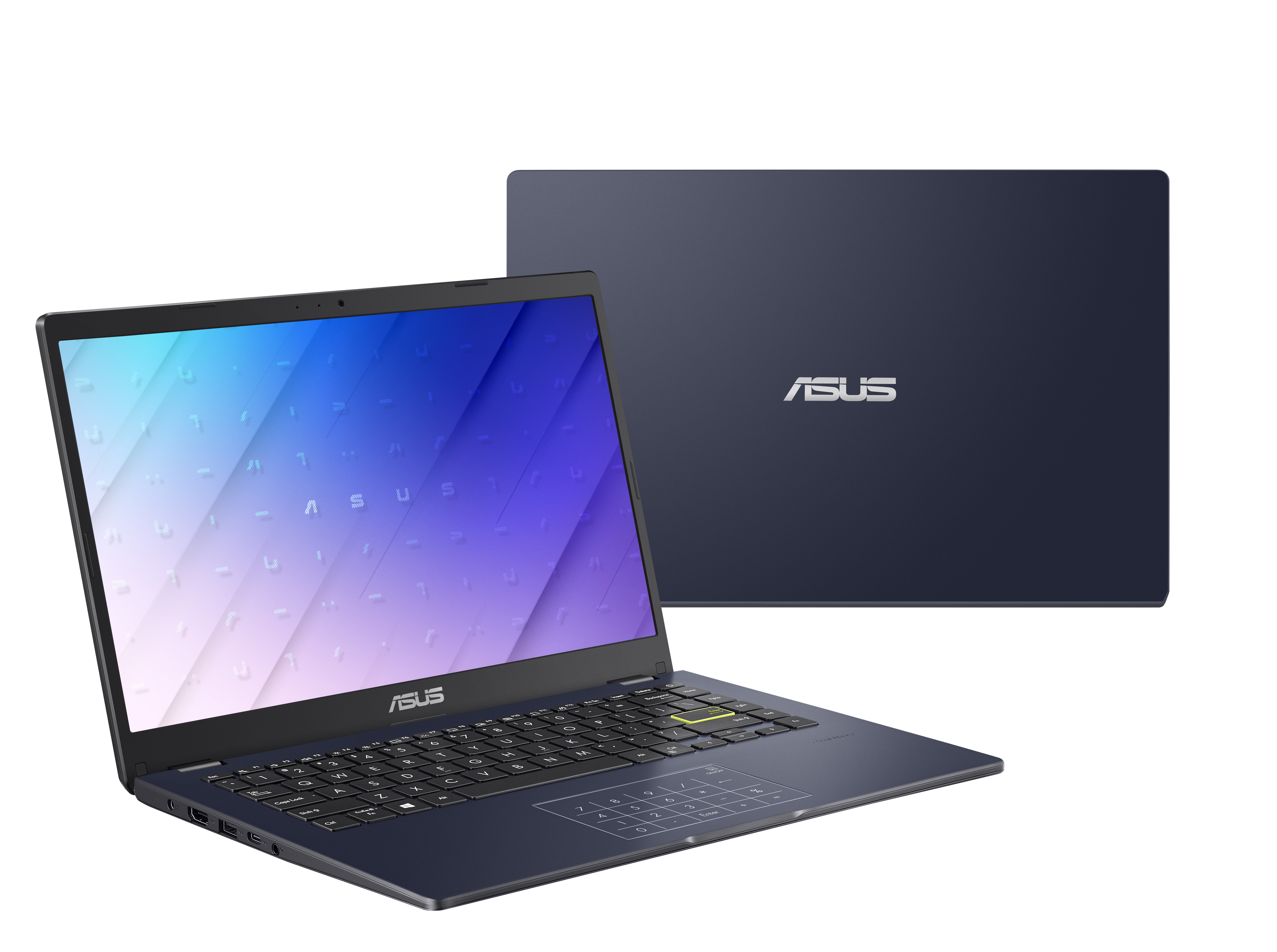 Un portátil azul marino con la tapa abierta. Cuenta con teclado y el logo ASUS.