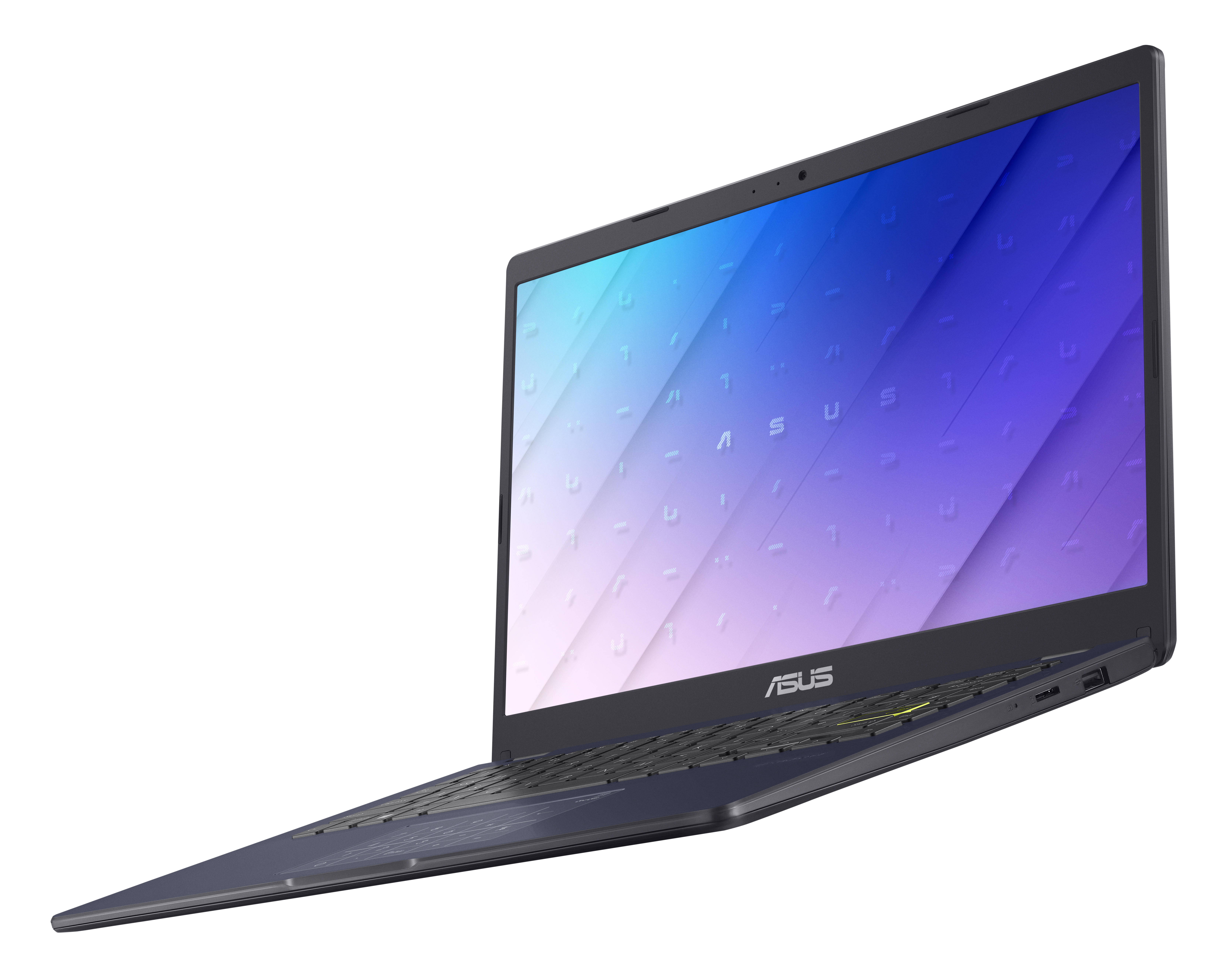 Una computadora portátil plateada con una pantalla azul y morada, aislada sobre un fondo blanco.