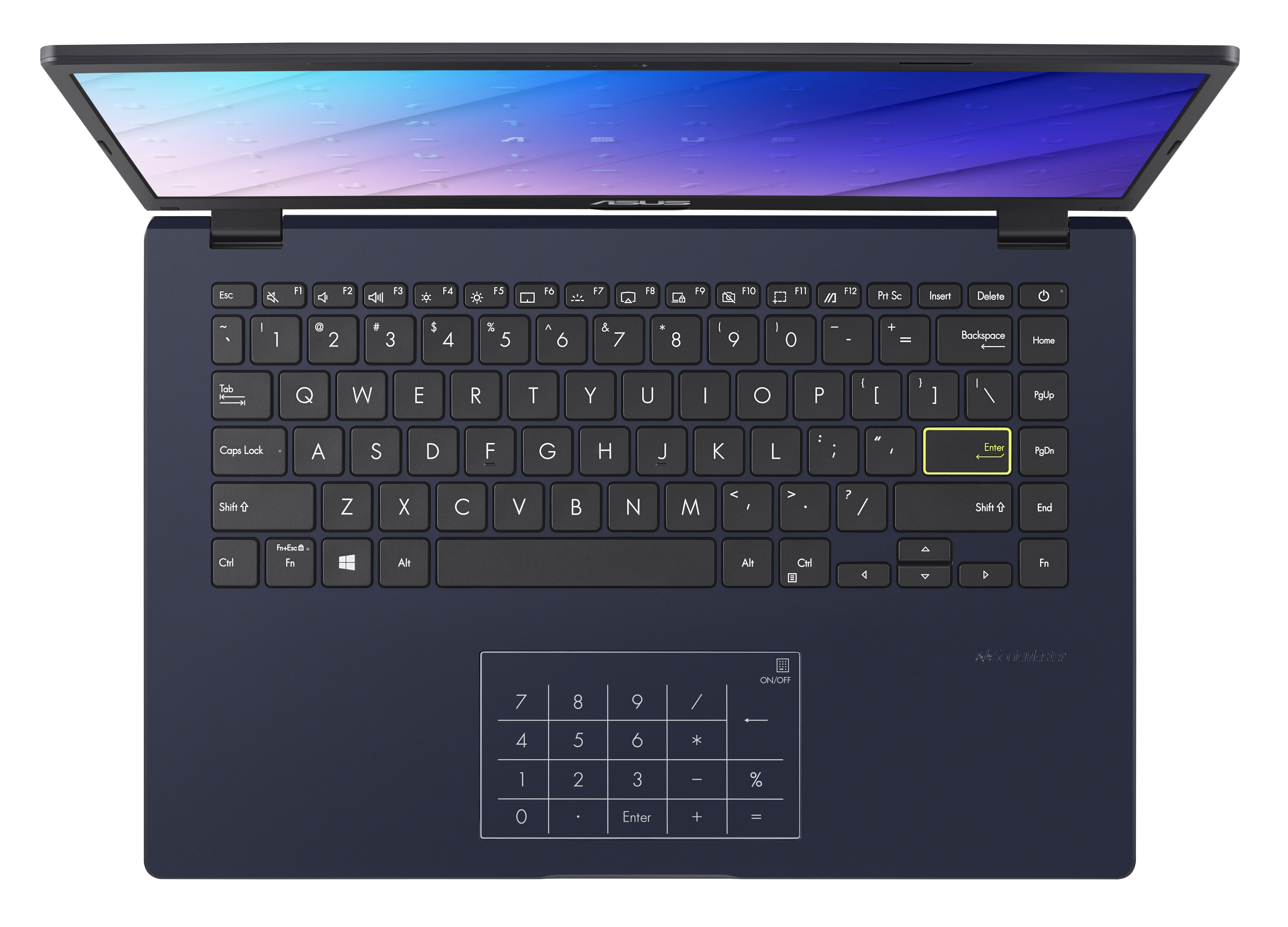 Una computadora portátil desde una vista superior. El teclado es visible y la pantalla está abierta.