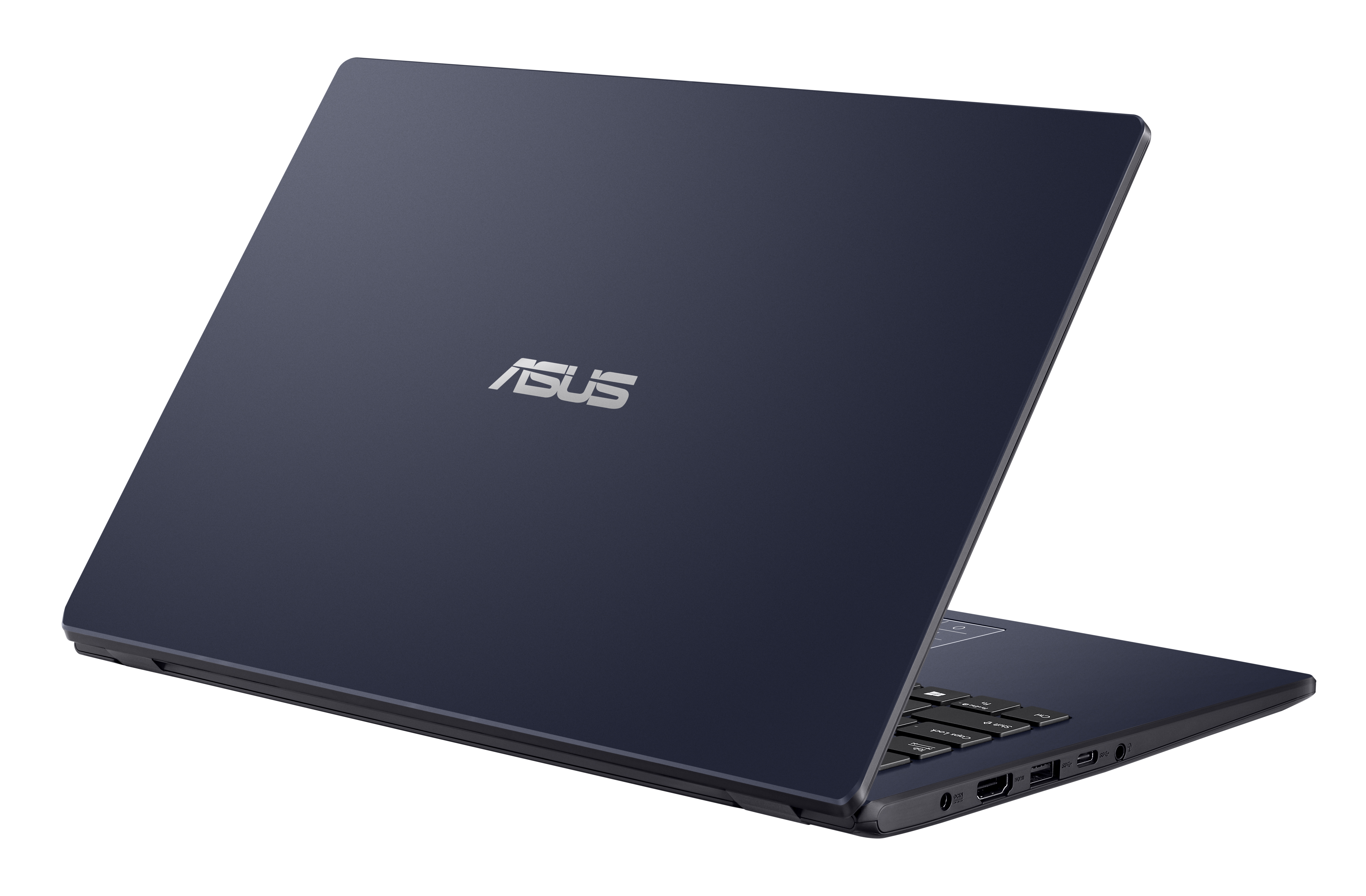 Portátil Asus, azul marino, cerrado, vista en ángulo de la parte trasera, con el logotipo de Asus en la parte superior.