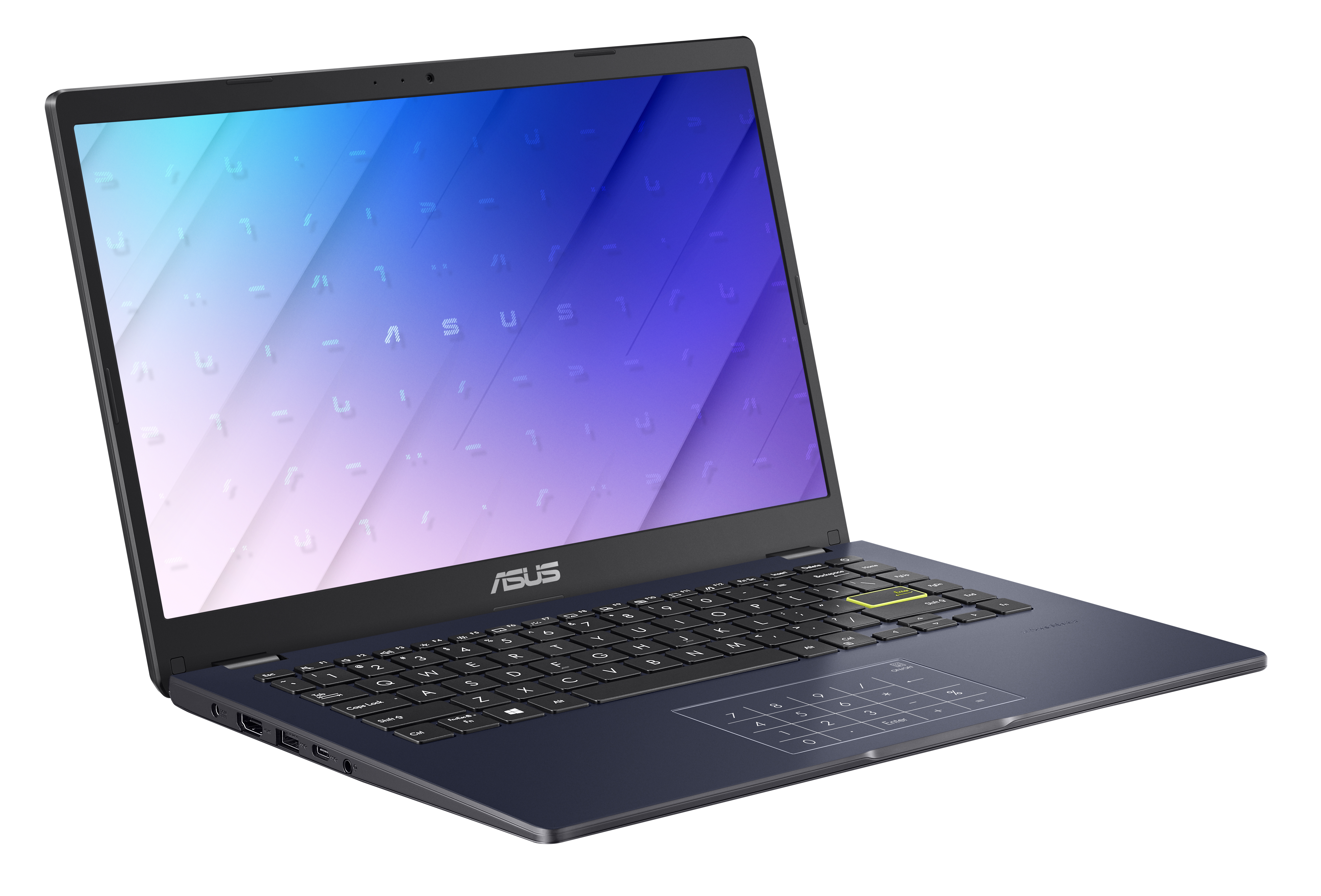 Portátil azul sobre fondo blanco. Logo ASUS en la parte frontal, teclado visible.